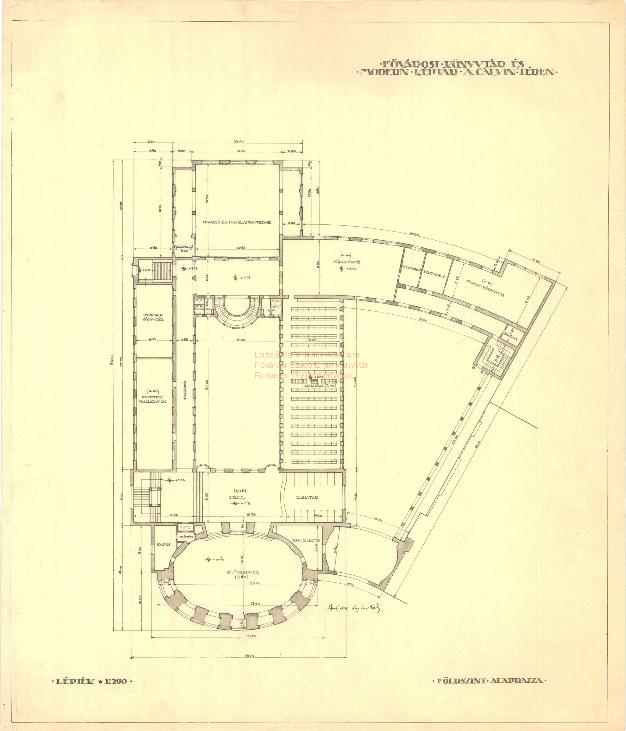 Metropolitan Public Library and Gallery of Modern Art, Kálvin tér, third version, ground floor plan, 1914 24_Fővárosi Szabó Ervin Könyvtár, Budapest Gyűjtemény, BTF 533_21
