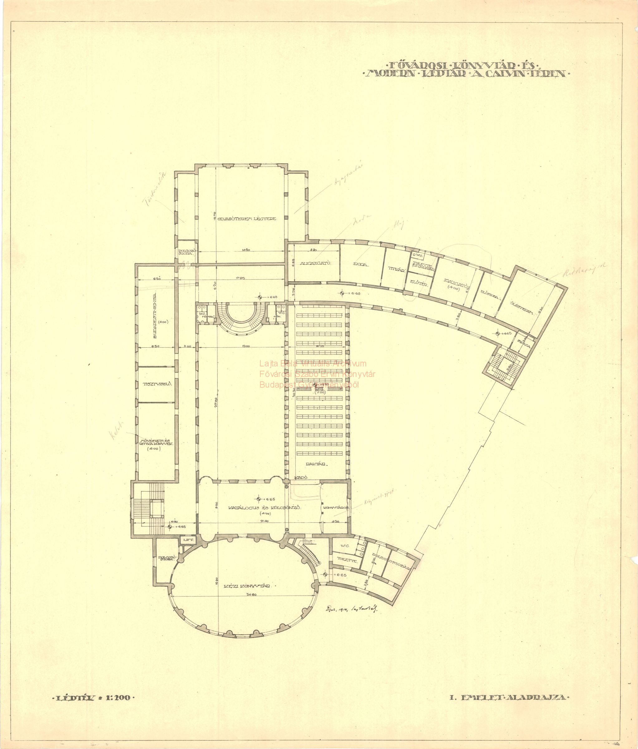 Metropolitan Public Library and Gallery of Modern Art, Kálvin tér, third version, first floor plan, 1914 25_Fővárosi Szabó Ervin Könyvtár, Budapest Gyűjtemény, BTF 533_22