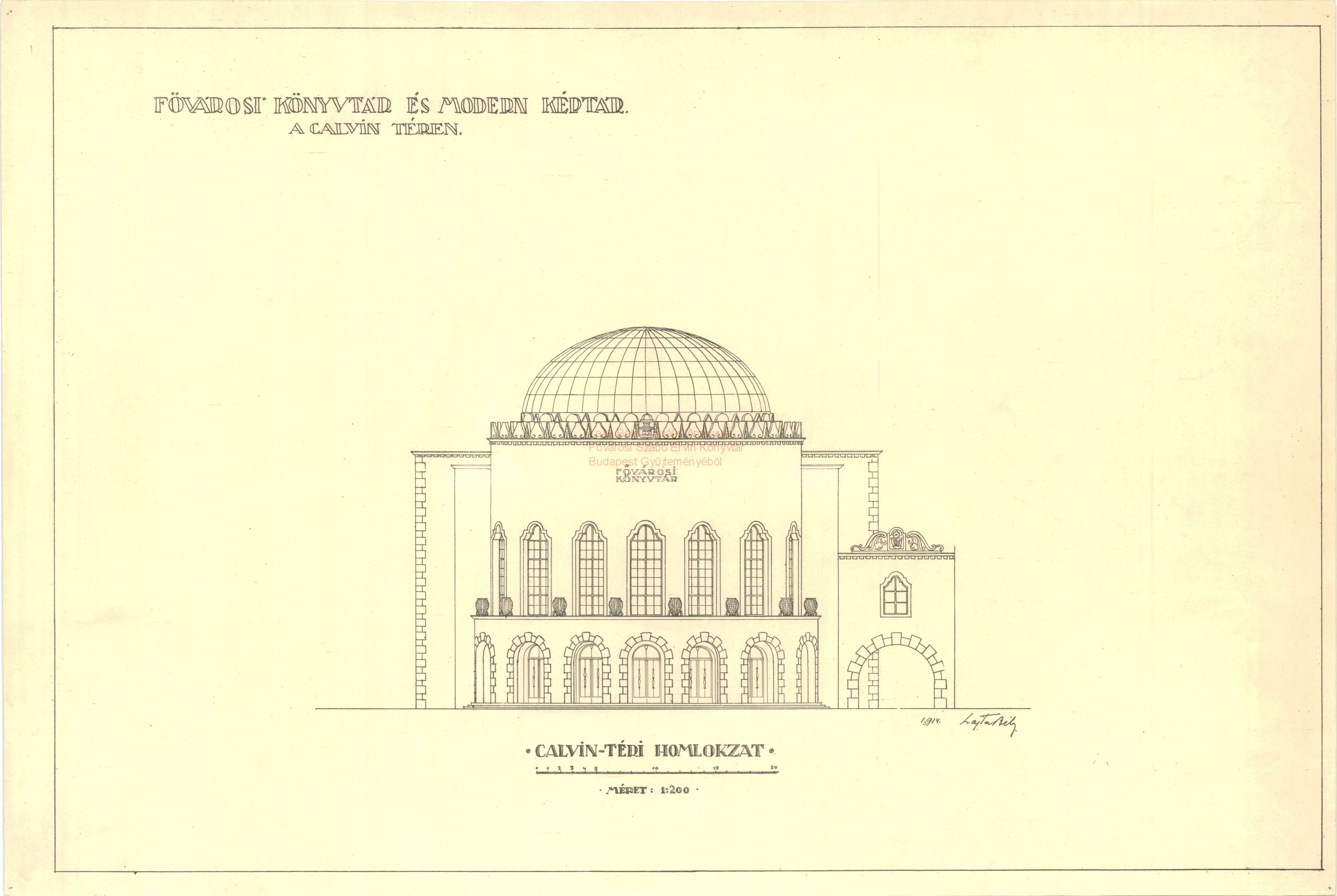 Metropolitan Public Library and Gallery of Modern Art, Kálvin tér, third version, elevation on Kálvin tér, 1914 28_Fővárosi Szabó Ervin Könyvtár, Budapest Gyűjtemény, BTF 533_25