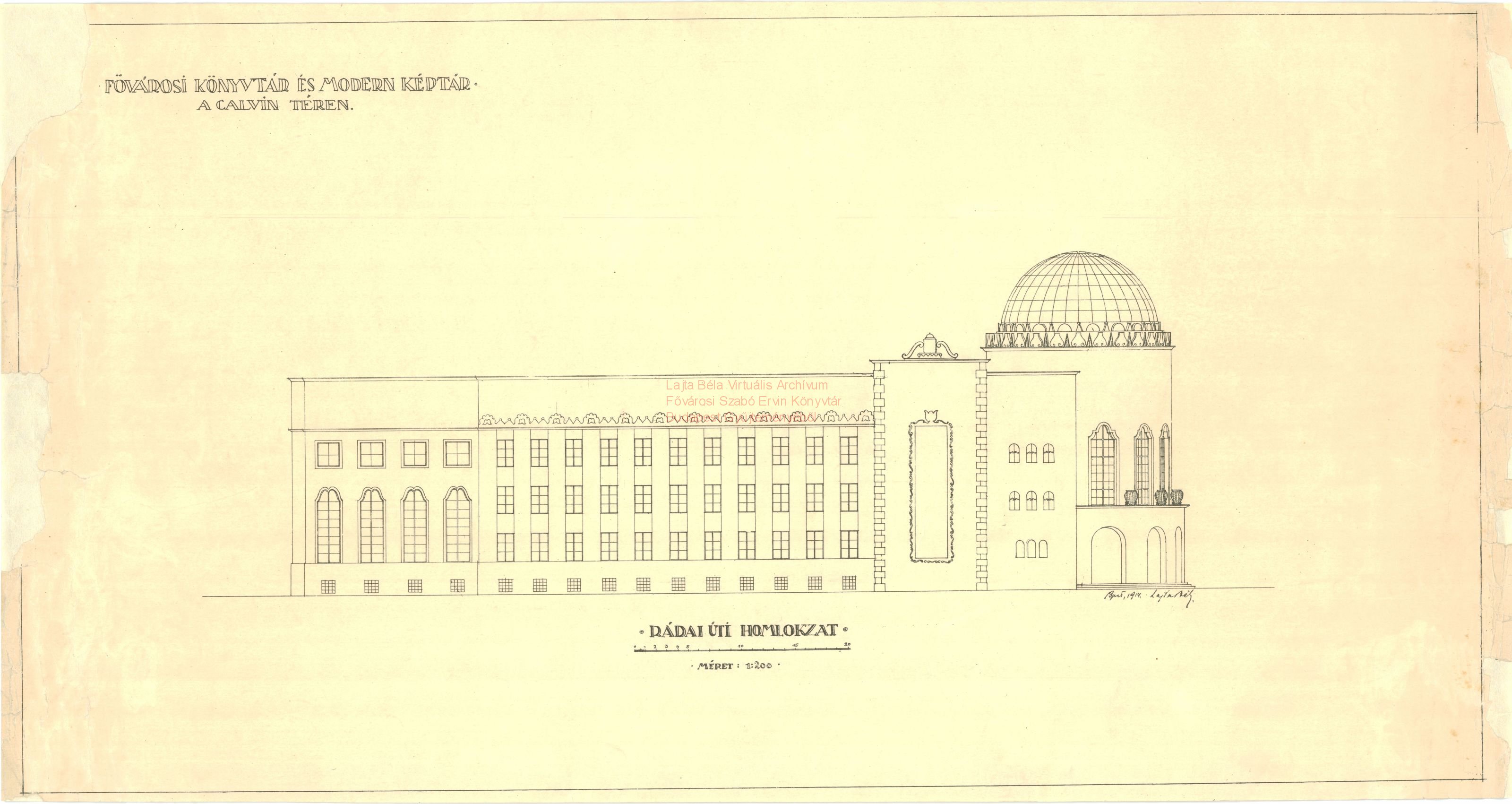 Metropolitan Public Library and Gallery of Modern Art, Kálvin tér, third version, elevation on Ráday utca, 1914 30_Fővárosi Szabó Ervin Könyvtár, Budapest Gyűjtemény, BTF 533_26