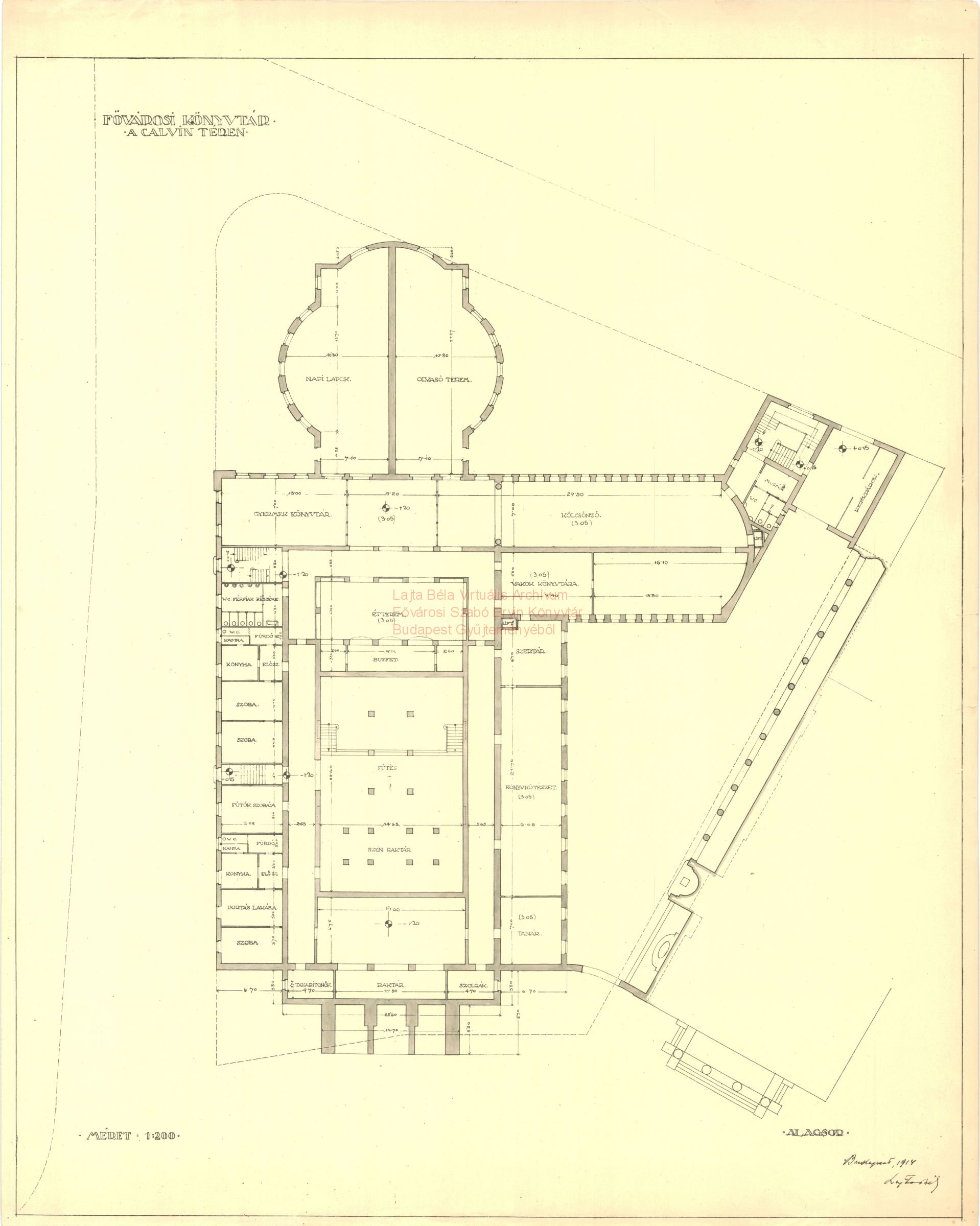Metropolitan Public Library, Kálvin tér, fourth version, ground plan of the basement, 1914 32_Fővárosi Szabó Ervin Könyvtár, Budapest Gyűjtemény, BTF 533_28