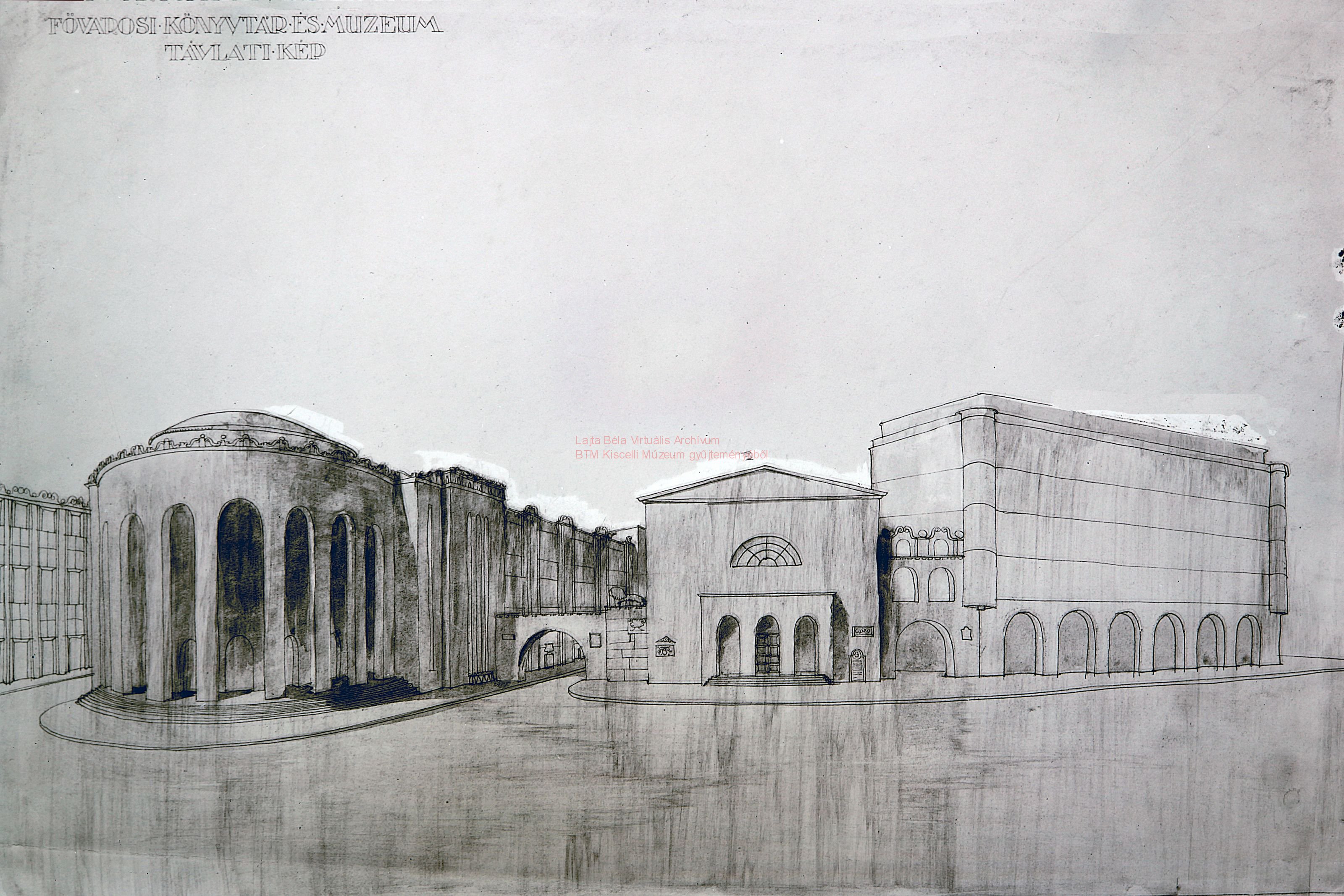 Metropolitan Public Library and Museum, Kálvin tér, first version, perspective view from Kálvin tér 12_BTM Kiscelli Múzeum Fényképtár, ltsz.: 5898.1