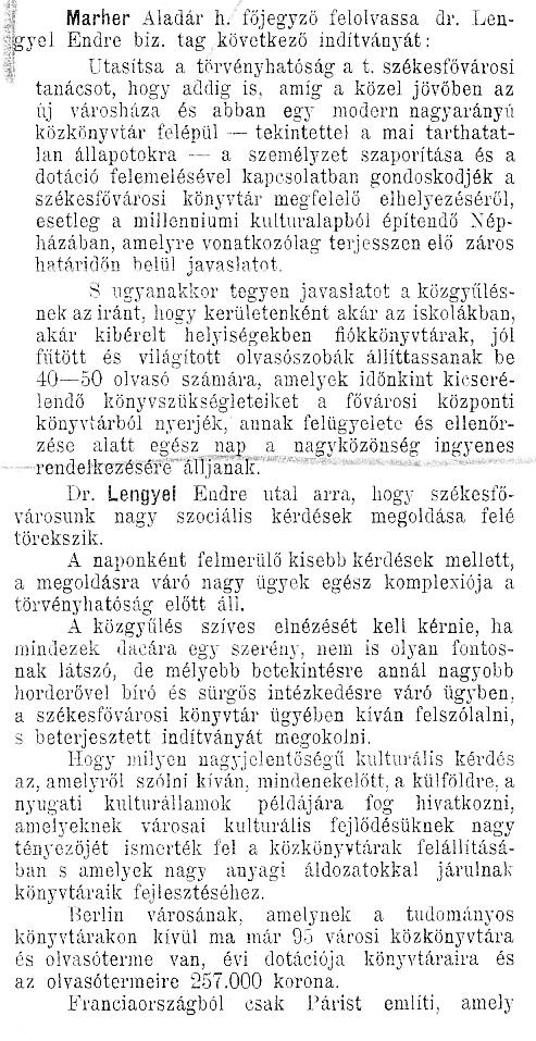 Lengyel Endre indítványa a törvényhatósági bizottságban a fővárosi könyvtár elhelyezésével kapcsolatban, 1910. IV. 13. 1910_04_13_Fővárosi Közlöny, 1910. 711. p.
