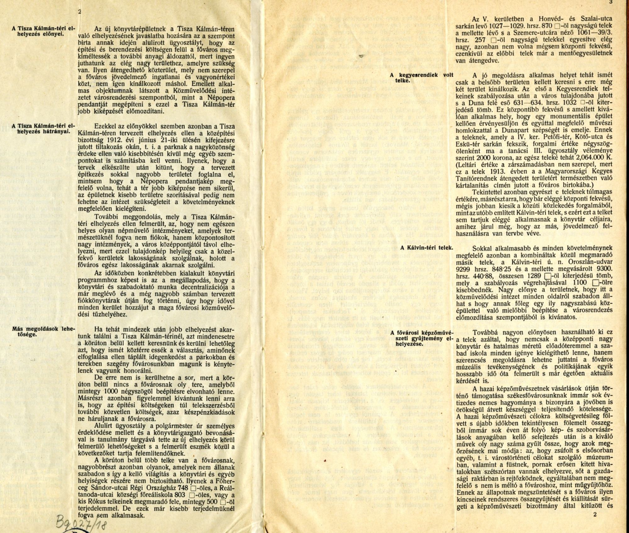 A XIV. (szociálpolitikai és közművelődési) ügyosztály előterjesztése a Közművelődési Intézet Kálvin téri elhelyezése tárgyában, 1914. V. 14. 1914_05_14_Fővárosi Szabó Ervin Könyvtár, Budapest Gyűjtemény, ltsz.: