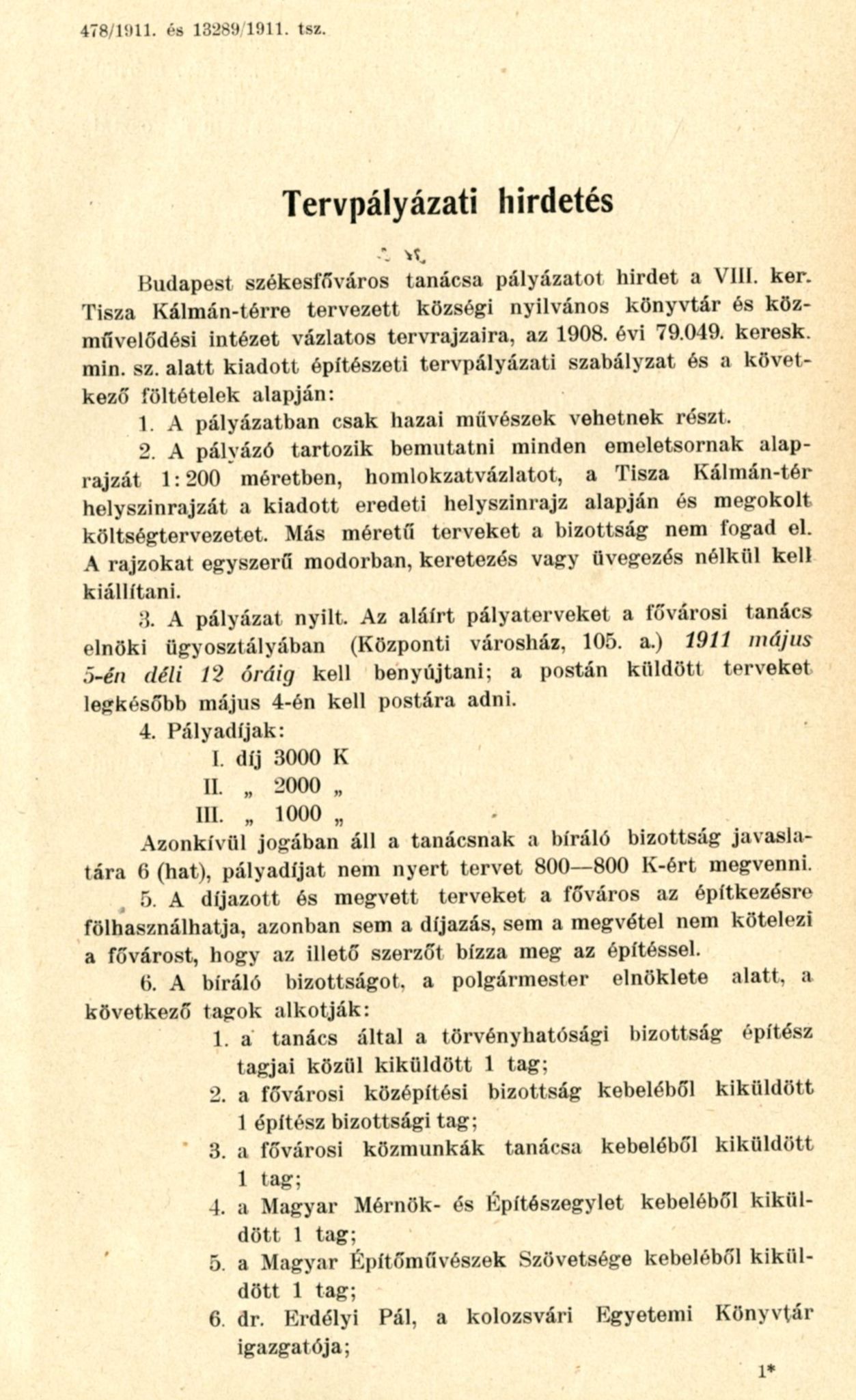 A Községi Nyilvános Könyvtár és Közműveődési Intézet tervpályázati kiírása és programja, 1911. II. 9. 1911_02_09_Fővárosi Szabó Ervin Könyvtár, Budapest Gyűjtemény, ltsz.: