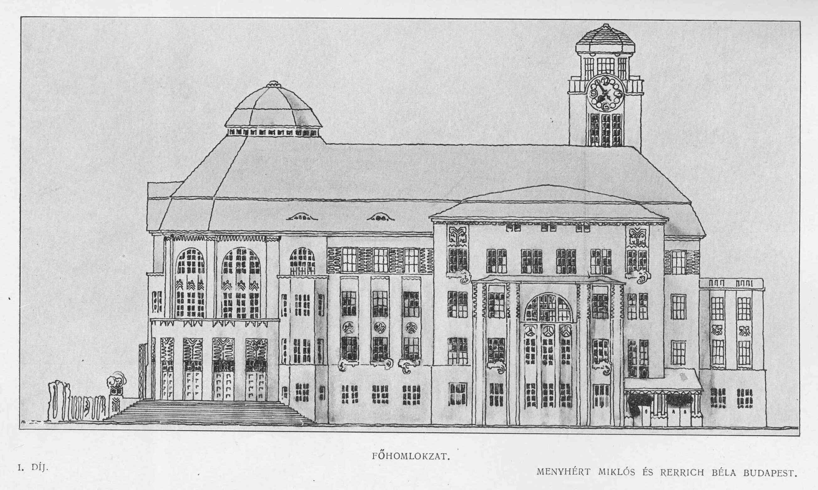 First prize winning competition entry by Miklós Menyhért and Béla Rerrich, main elevation 01_ Magyar Építőművészet, 1911. 8. sz. 3. p.