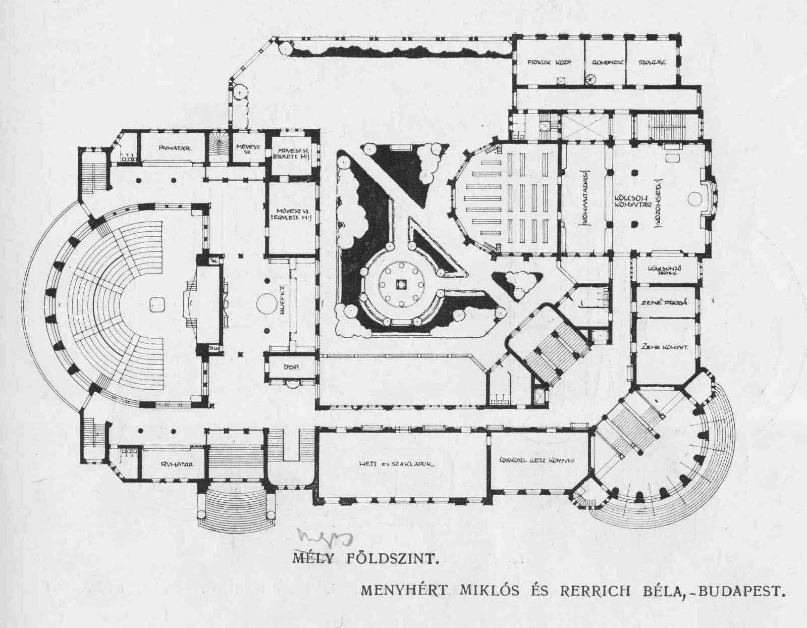 First prize winning competition entry by Miklós Menyhért and Béla Rerrich, ground plan of the mezzanine 04_ Magyar Építőművészet, 1911. 8. sz. 5. p.