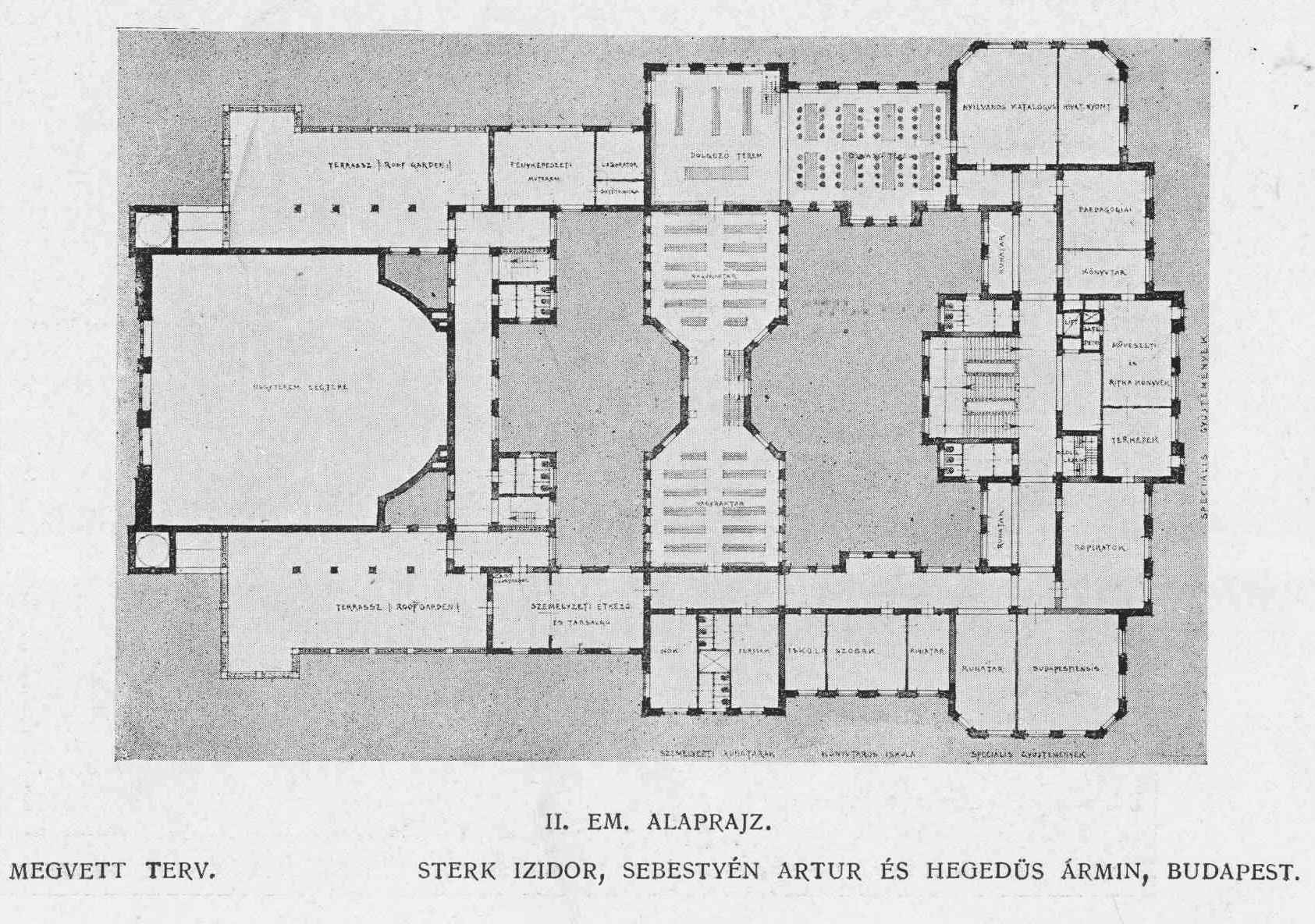 Competition entry by Izidor Sterk - Artur Sebestyén - Ármin Hegedüs, second floor plan 17_ Magyar Építőművészet, 1911. 8. sz. 17. p.