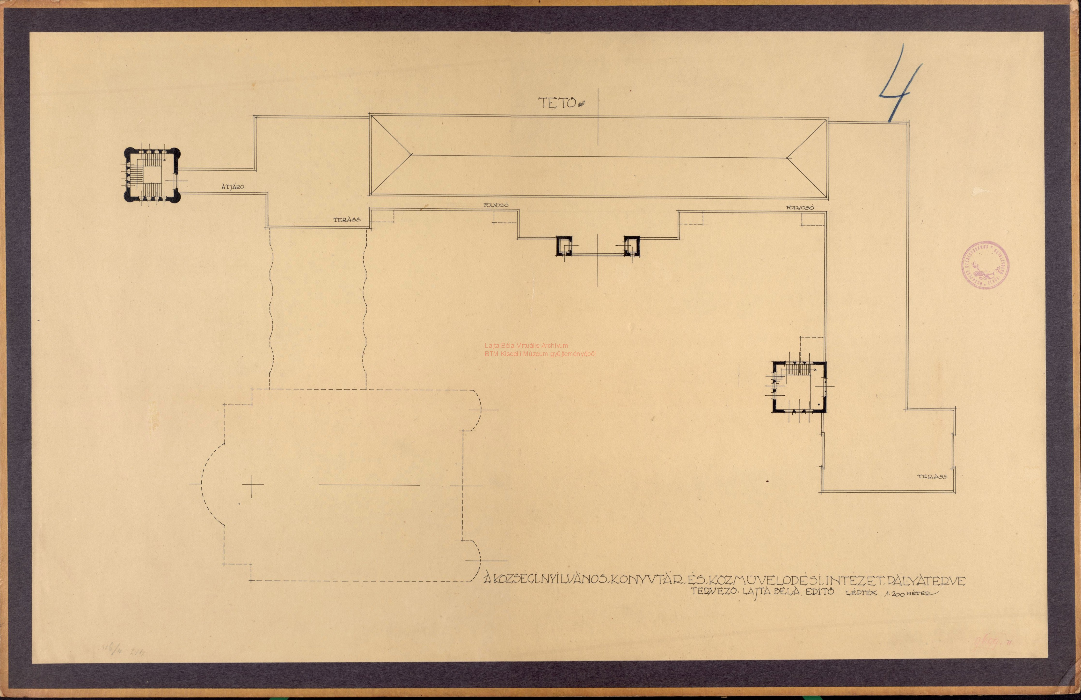 Metropolitan Public Library and People\'s Palace, Tisza Kálmán tér, ground plan of the roof, before 05.1911 06_BTM Kiscelli Múzeum Építészeti gyűjtemény, ltsz.: 9699.11