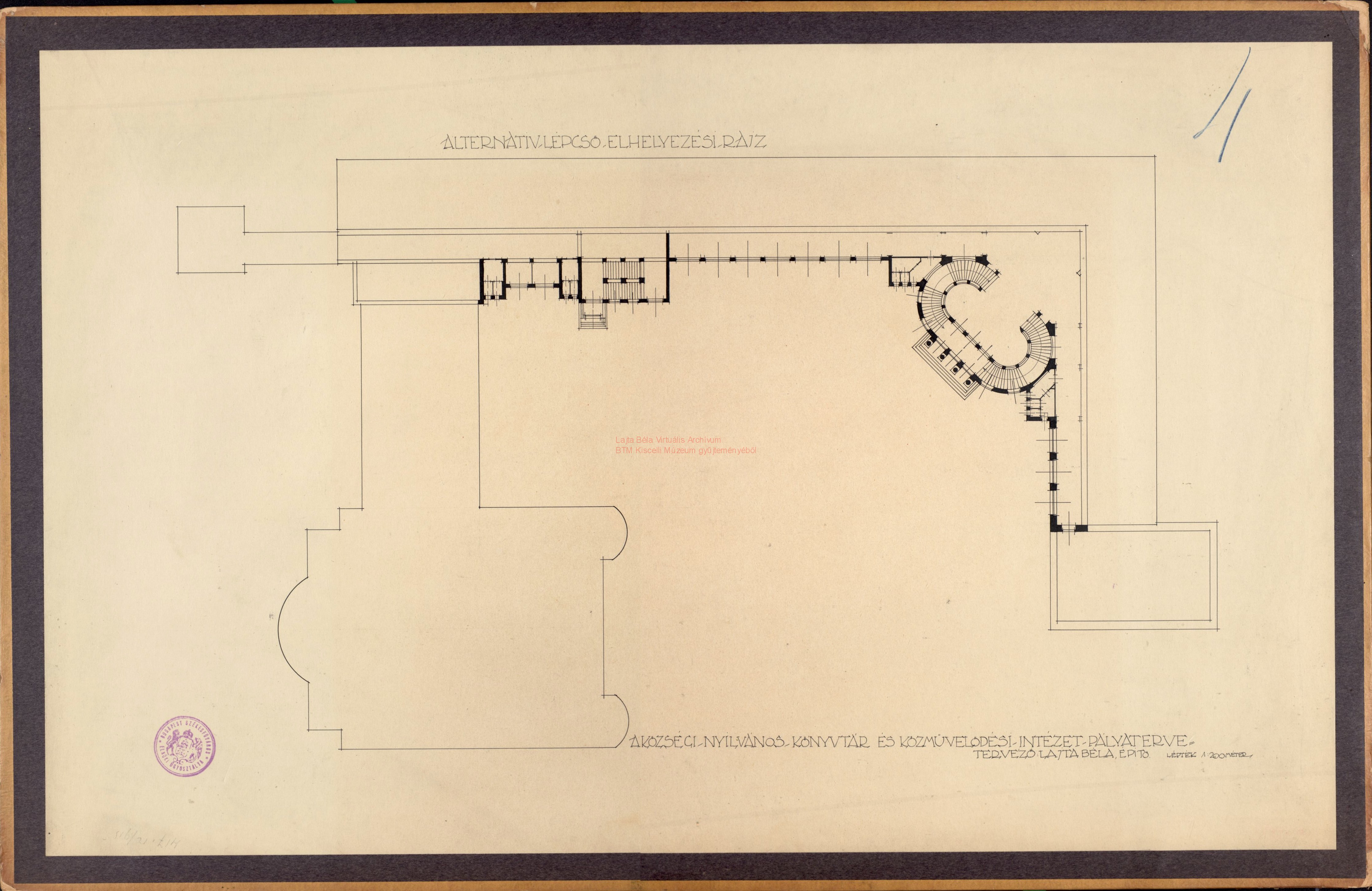 Metropolitan Public Library and People\'s Palace, Tisza Kálmán tér, ground plan with an alternative for the placement of the stairs, before 05.1911 07_BTM Kiscelli Múzeum Építészeti gyűjtemény, ltsz.: 9699.12