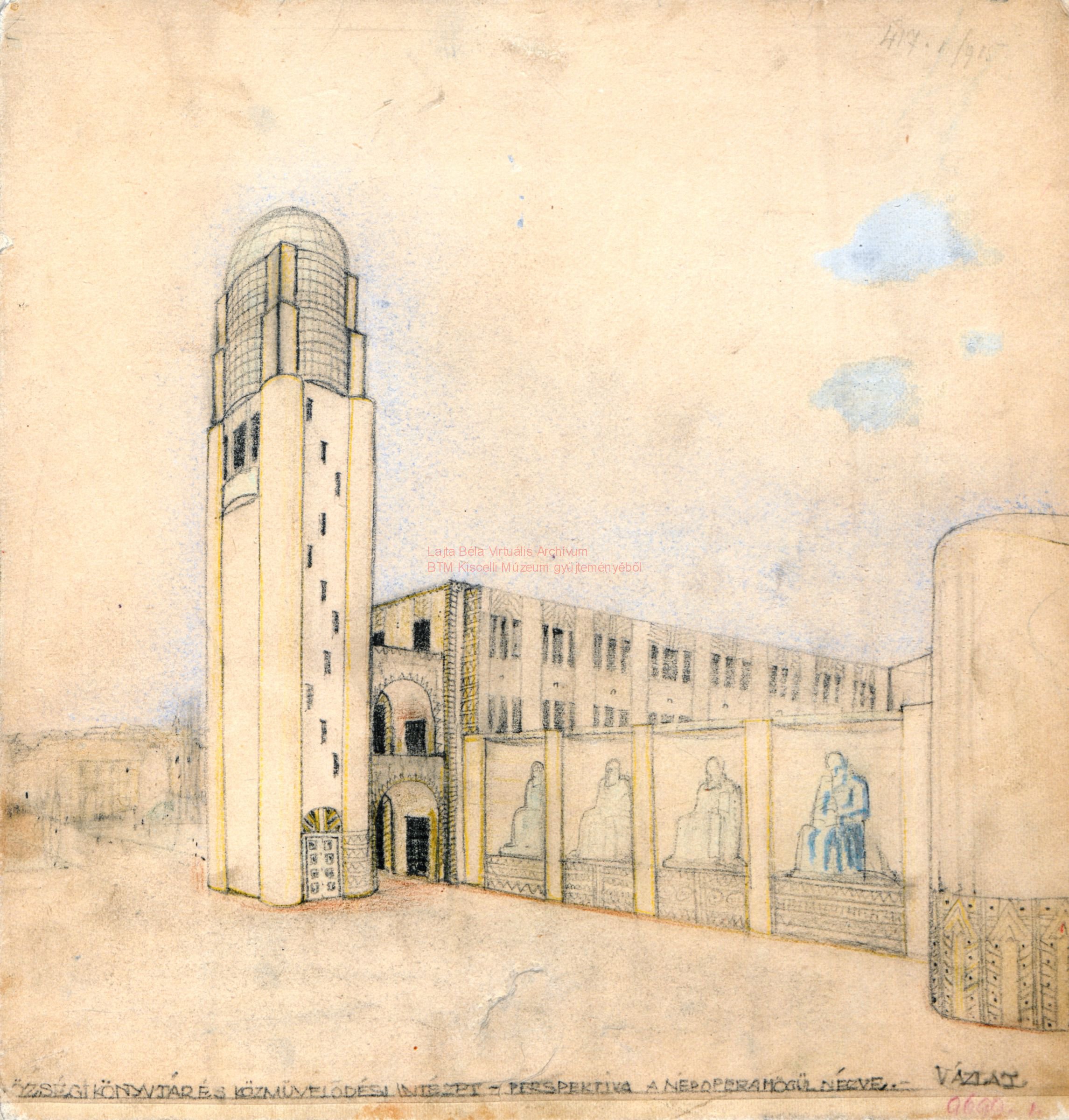 Metropolitan Public Library and People\'s Palace, Tisza Kálmán tér, sketch of a view, before 05.1911 11_BTM Kiscelli Múzeum Építészeti gyűjtemény, ltsz.: 9699.1
