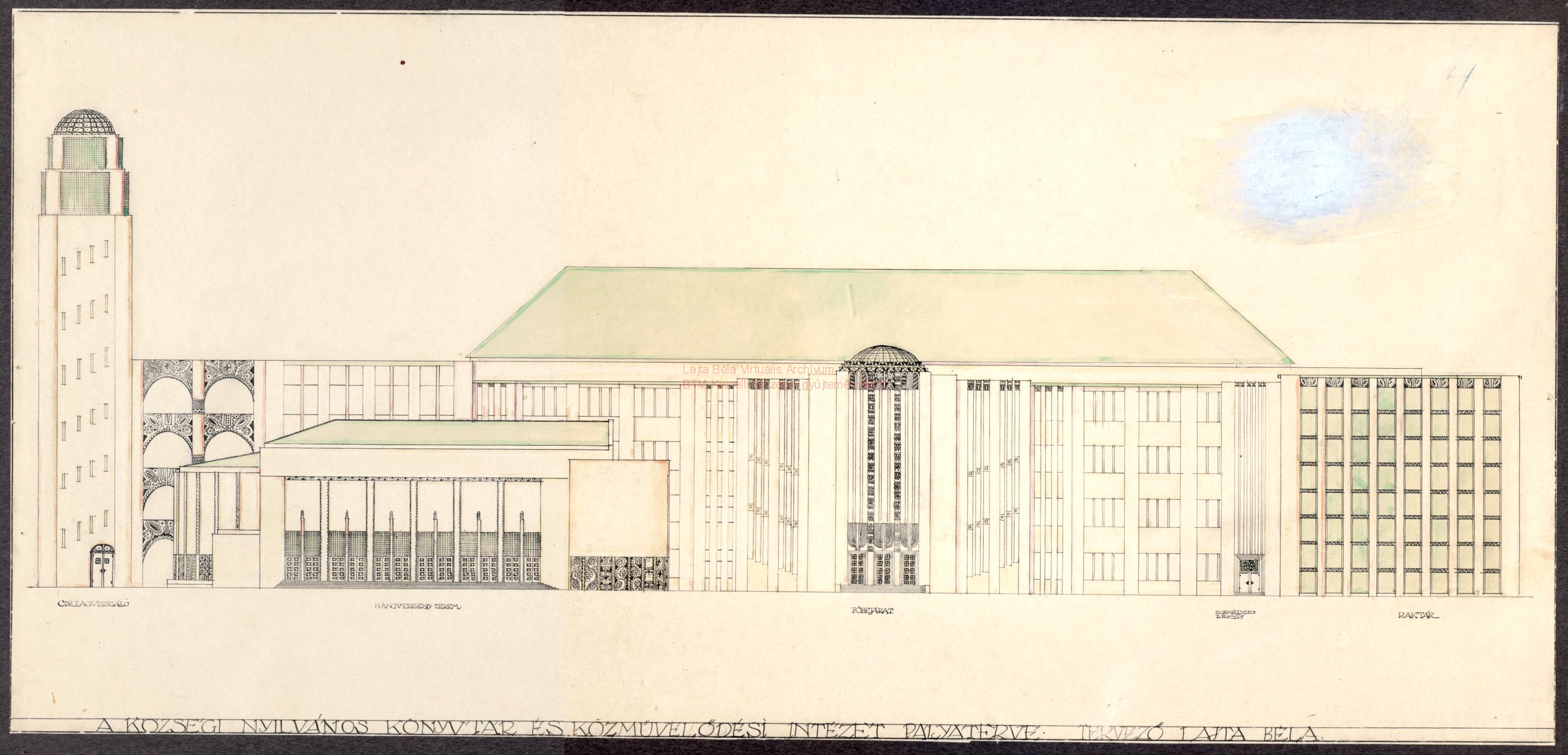 Metropolitan Public Library and People\'s Palace, Tisza Kálmán tér, entrance elevation, before 05.1911 08_BTM Kiscelli Múzeum Építészeti gyűjtemény, ltsz.: 9699.4
