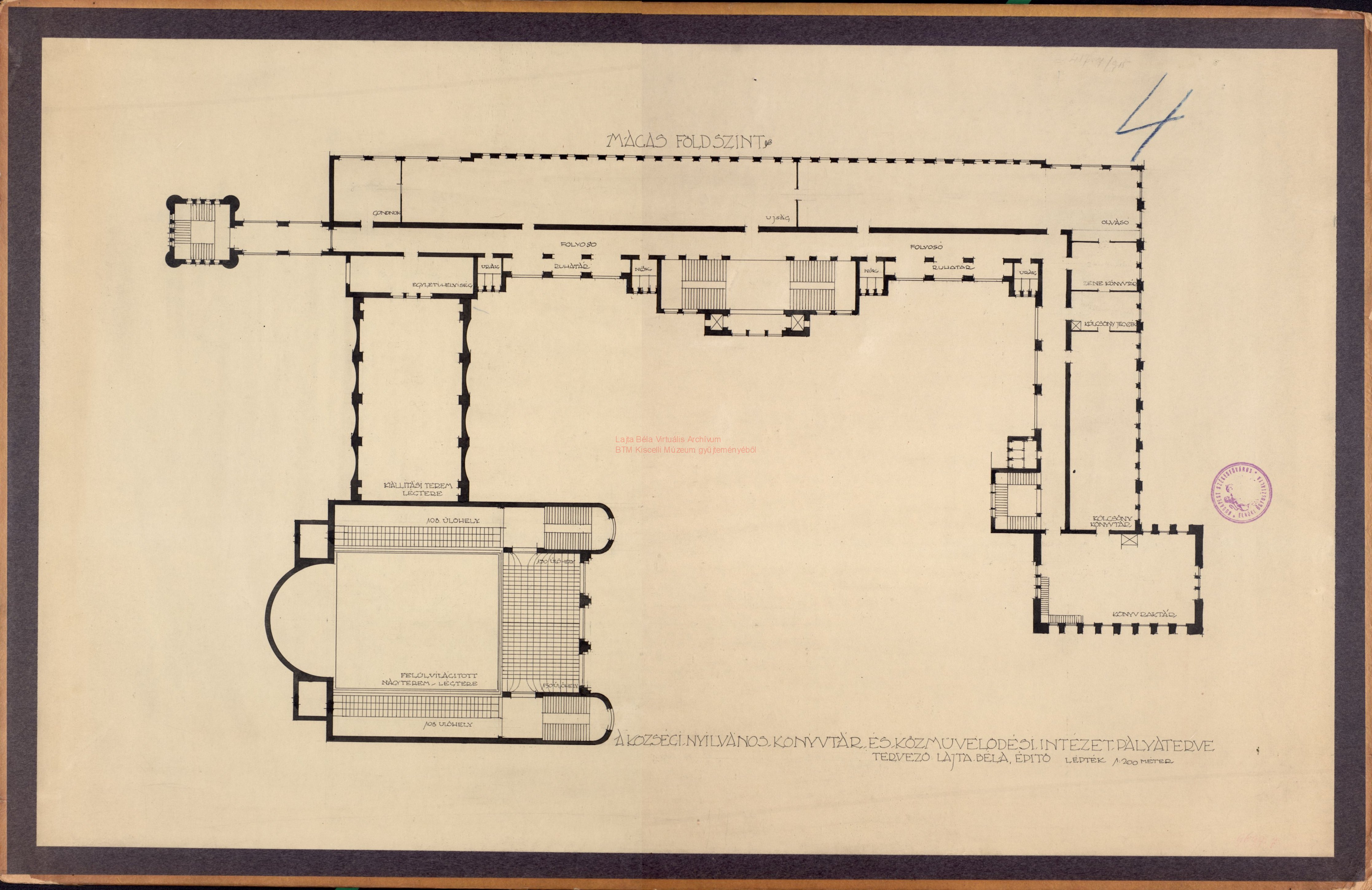 Metropolitan Public Library and People\'s Palace, Tisza Kálmán tér, mezzanine ground plan, before 05.1911 03_BTM Kiscelli Múzeum Építészeti gyűjtemény, ltsz.: 9699.7