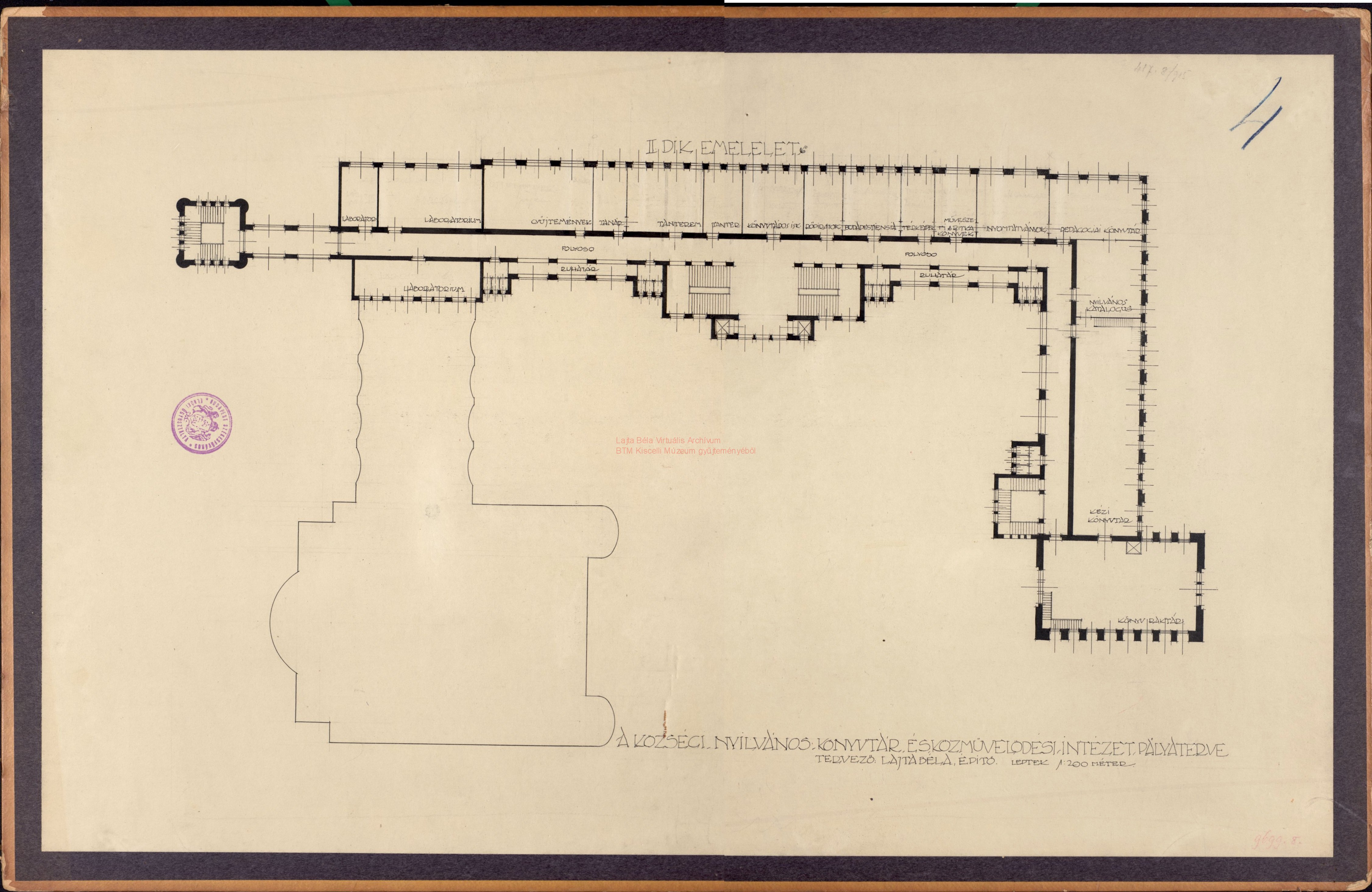 Metropolitan Public Library and People\'s Palace, Tisza Kálmán tér, second floor plan, before 05.1911 05_BTM Kiscelli Múzeum Építészeti gyűjtemény, ltsz.: 9699.8