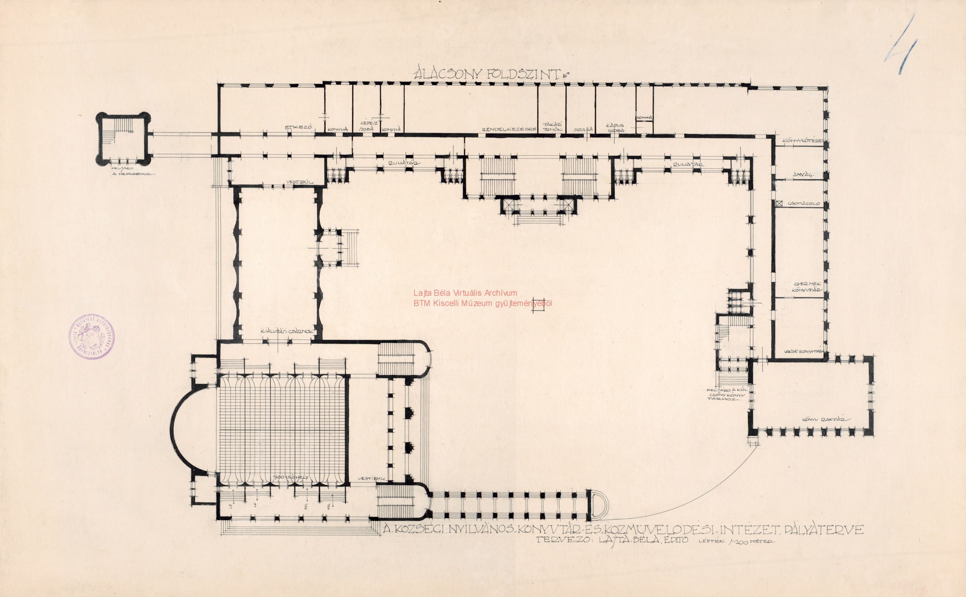 Metropolitan Public Library and People\'s Palace, Tisza Kálmán tér, ground floor plan, before 05.1911 02_BTM Kiscelli Múzeum Építészeti gyűjtemény, ltsz.: 9699.9