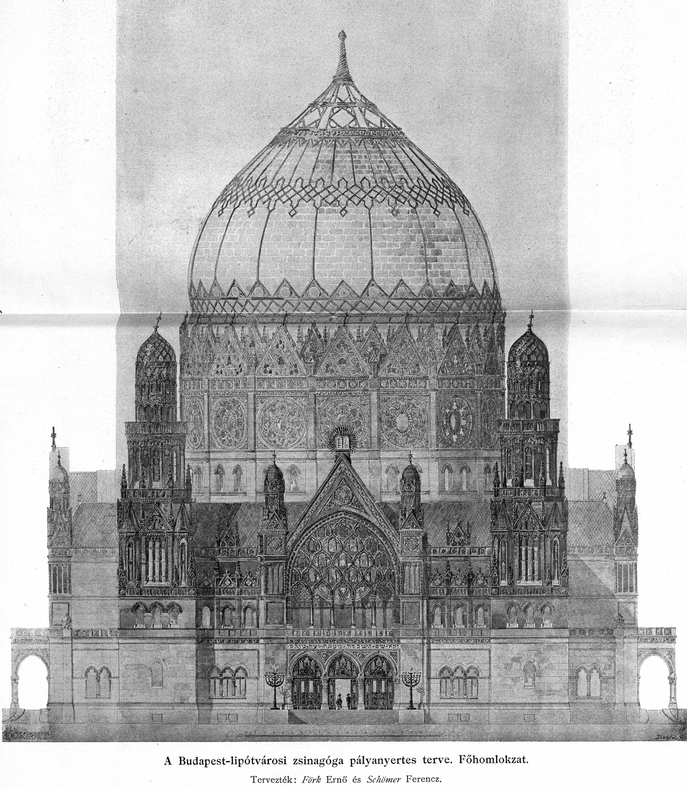 1st prize winning competition entry by Ernő Foerk and Ferenc Schőmer, main elevation 001_A Magyar Mérnök- és Építész-Egylet Közlönye, 1899. VII. t.