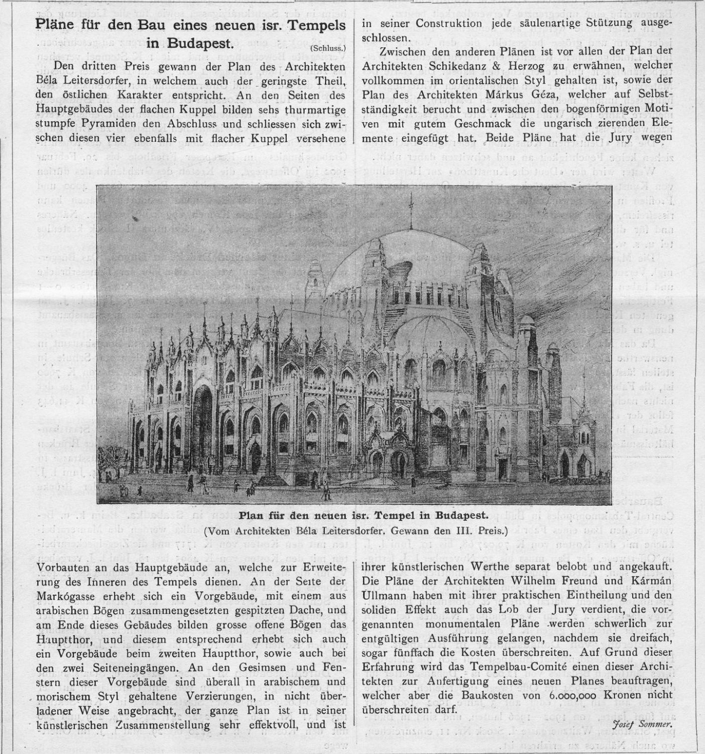 Josef Sommer: Pläne für den Bau eines neuen isr. Tempels in Budapest. 23_Ungarische Bauzeitung, 1901. V. 20. 105. p.