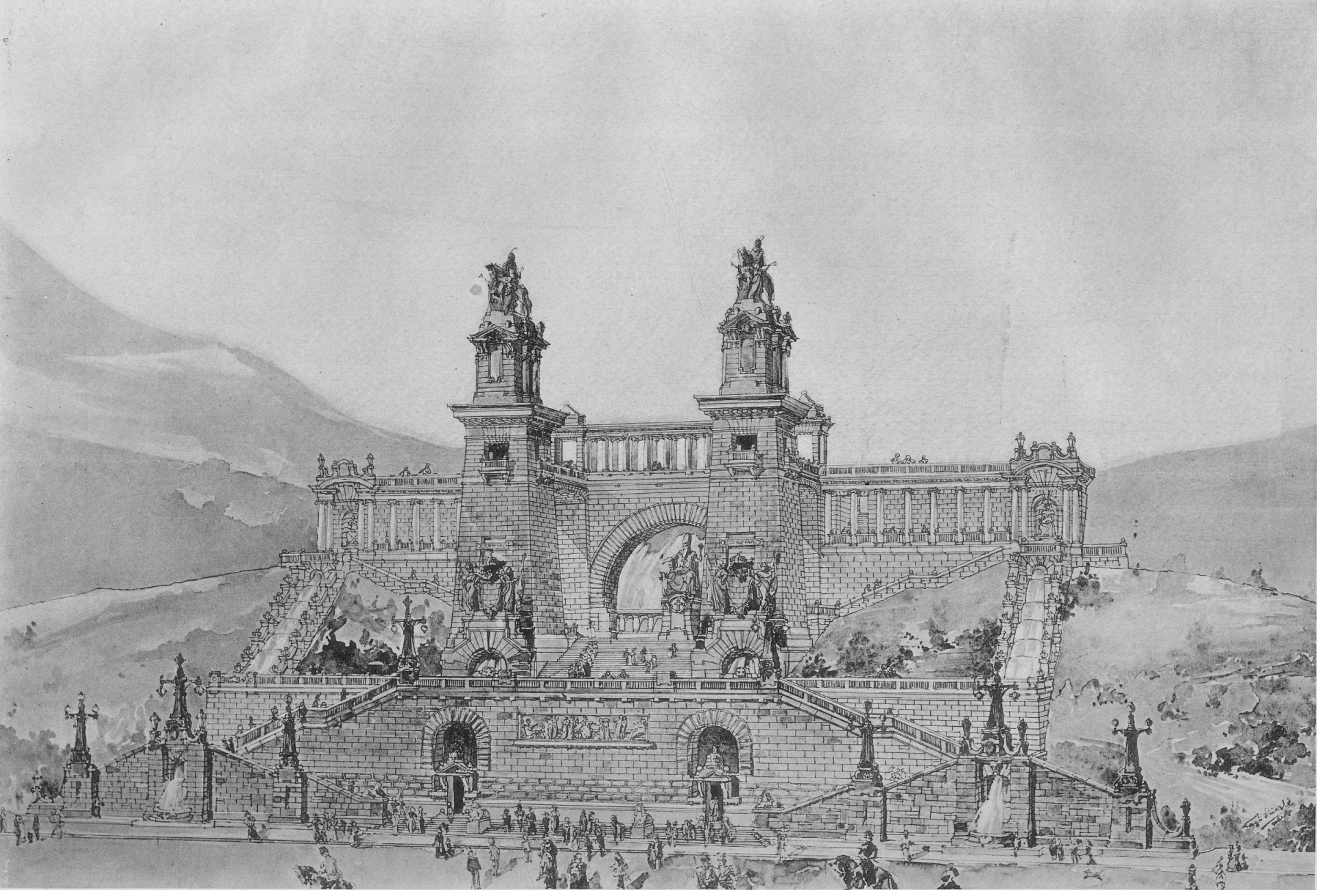 1898-99 competition of the Association of Hungarian Engineers and Architects, the perspective view of the entry by László Vágó 01_Építő Ipar, 1900. I. műmelléklet