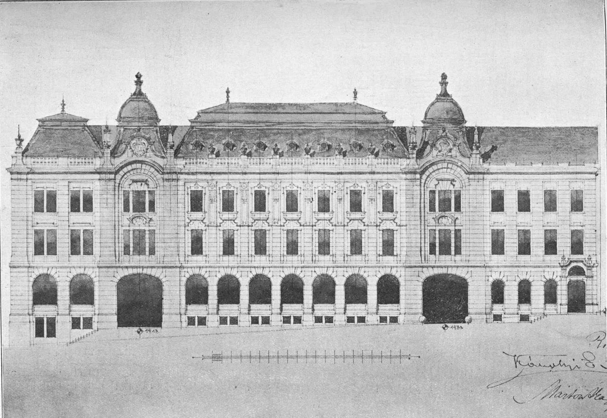 3rd prize winning competition entry by Ákos Marton, Emil Károlyi & Márk Riemer, main elevation. Magyar Pályázatok, 1903/1. 13. p.