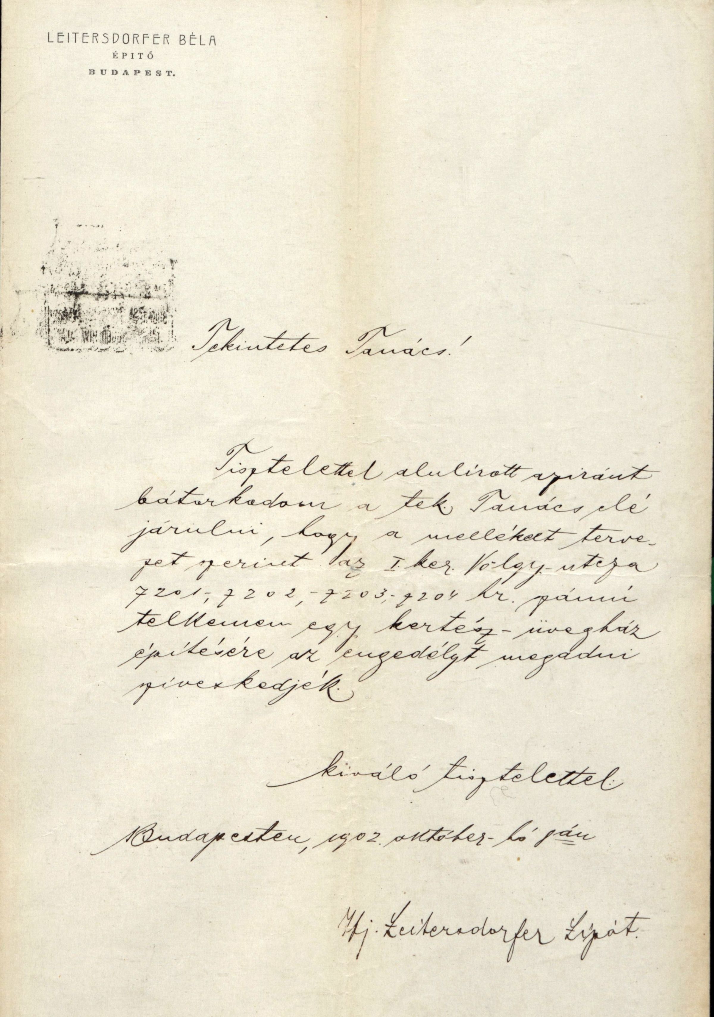 Az üvegház építési engedélykérelme, 1902. X. 8. 06_BFL_IV_1407_b III 1797/1902