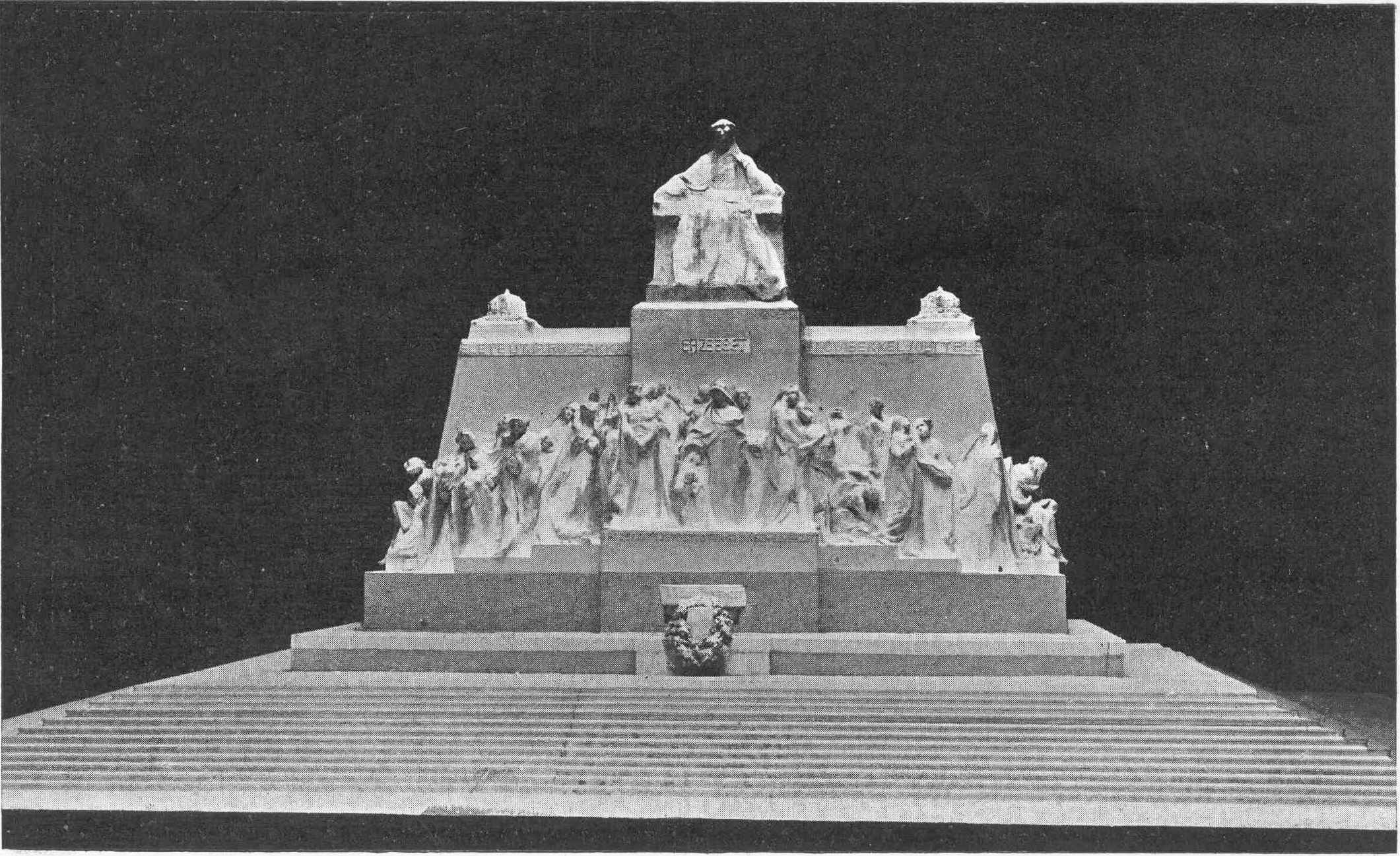 Competition entry byJózsef Fischer - Izidor Scheer and sculptors Margó & Popper, photo of the model. Magyar Pályázatok, 1903/6. 7. p.