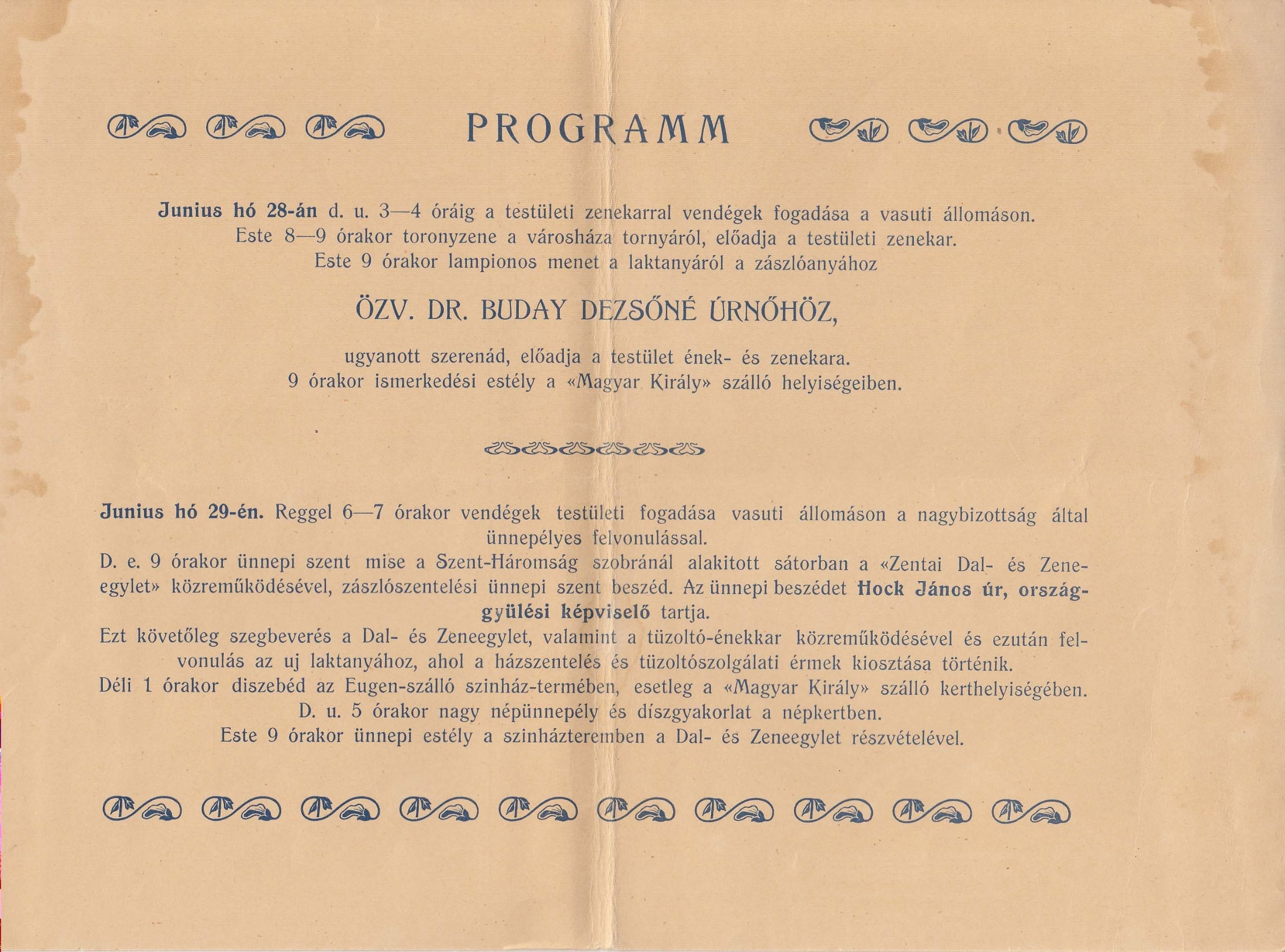 Meghívó a zentai tűzoltó-laktanya avatási ünnepségére, 1904. ZTL F.381 - Zentai Történelmi Levéltár, Dudás Andor krónikája, 357. sz. irat