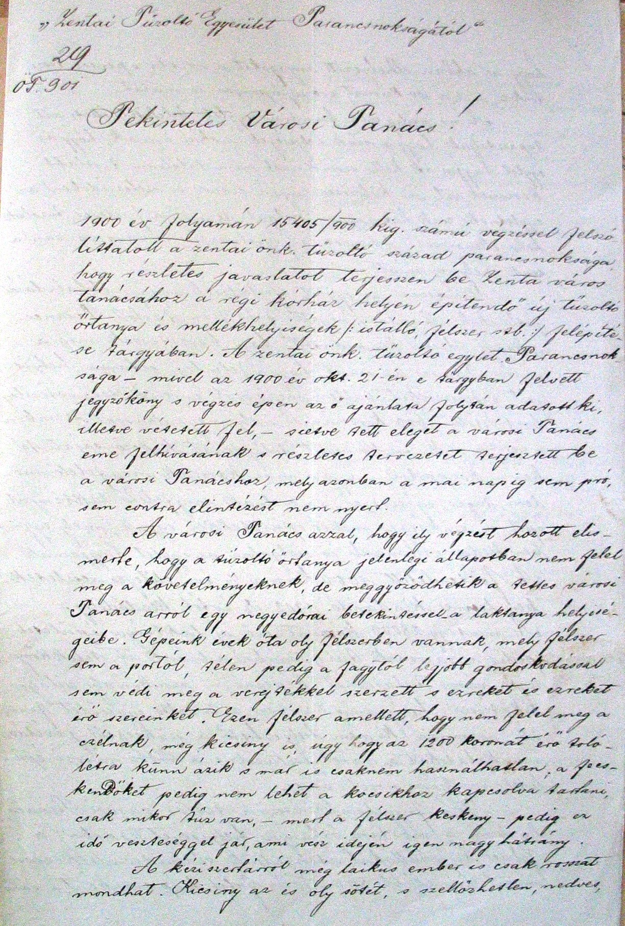 A Zentai Önkéntes Tűzoltó Testület parancsnokságának kérelme a városi tanácshoz, 1901. VIII. 24. 008_ZTL F.003.1 - Zentai Történelmi Levéltár. Az Önkéntes Tűzoltó Testületre vonatkozó zentai városi tanácsi iratok gyűjteménye