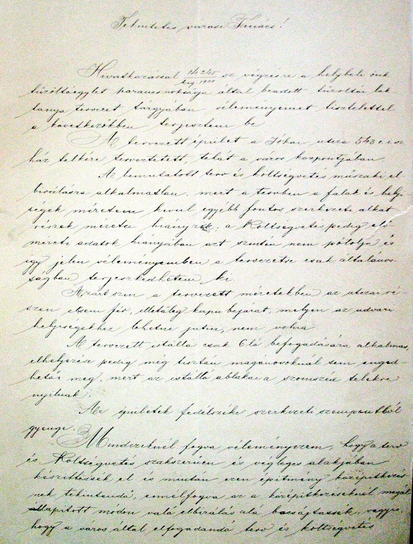 Endrei Soma városi mérnök bírálata az újonnan beterjesztett laktanyatervről, 1901. IX. 31. 015_ZTL F.003.1 - Zentai Történelmi Levéltár. Az Önkéntes Tűzoltó Testületre vonatkozó zentai városi tanácsi iratok gyűjteménye