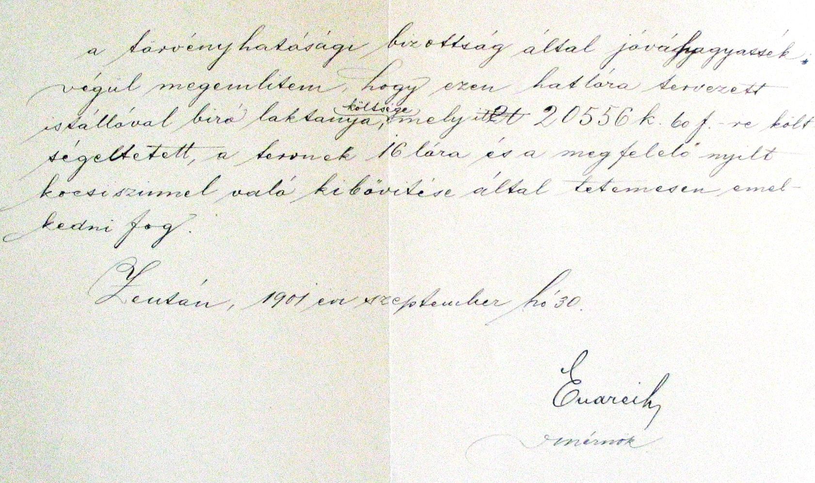 Endrei Soma városi mérnök bírálata az újonnan beterjesztett laktanyatervről, 1901. IX. 31. 016_ZTL F.003.1 - Zentai Történelmi Levéltár. Az Önkéntes Tűzoltó Testületre vonatkozó zentai városi tanácsi iratok gyűjteménye