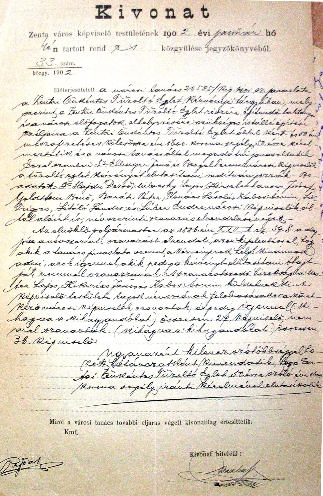 Kivonat a zentai városi képviselő-testület közgyűlésének 1902. I. 4-i jegyzőkönyvéből. 017_ZTL F.003.1 - Zentai Történelmi Levéltár. Az Önkéntes Tűzoltó Testületre vonatkozó zentai városi tanácsi iratok gyűjteménye