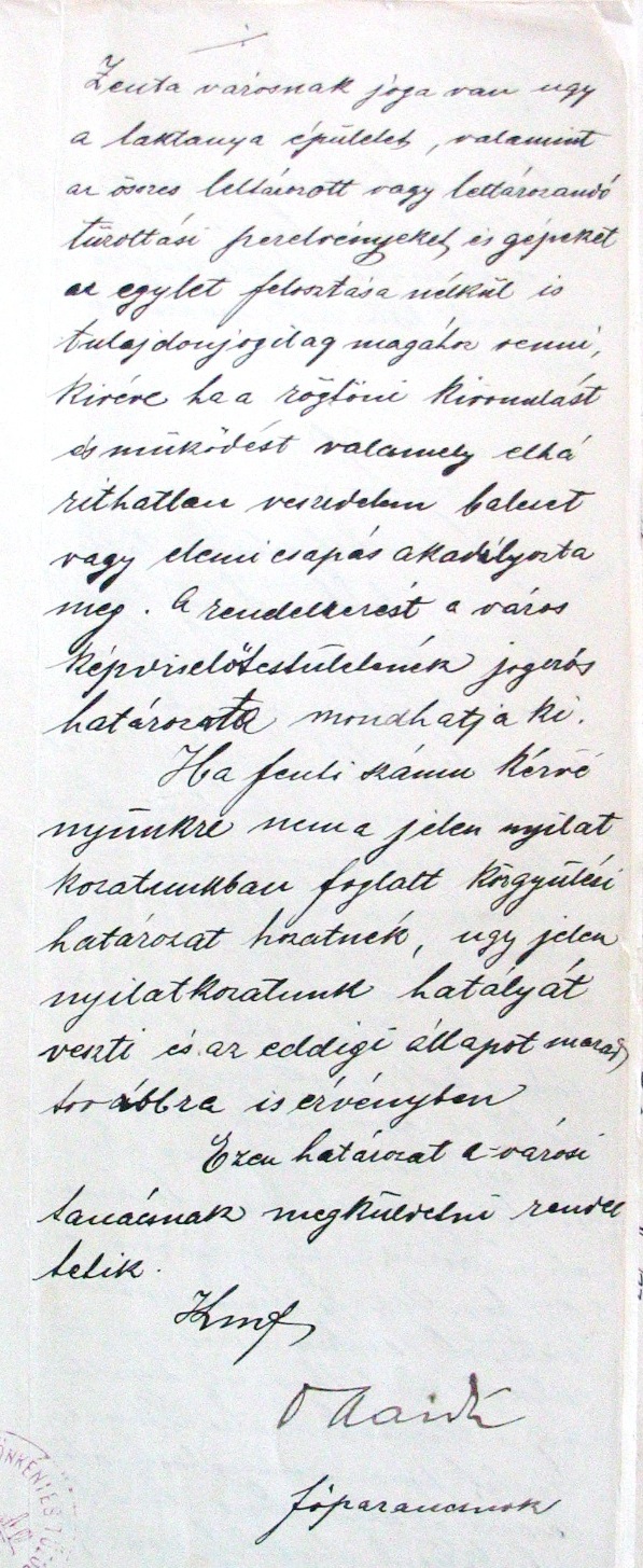 Kivonat a Zentai Önkéntes Tűzoltó Testület rendkívüli közgyűlésének 1902. III. 16-i jegyzőkönyvéből. 020_ZTL F.003.1 - Zentai Történelmi Levéltár. Az Önkéntes Tűzoltó Testületre vonatkozó zentai városi tanácsi iratok gyűjteménye