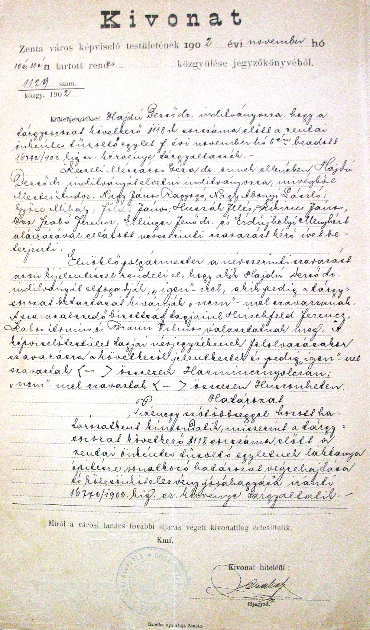 Kivonat a zentai városi képviselő-testület közgyűlésének 1902. XI. 10-11-i jegyzőkönyvéből. (1129/1902 kgy.) 029_ZTL F.003.1 - Zentai Történelmi Levéltár. Az Önkéntes Tűzoltó Testületre vonatkozó zentai városi tanácsi iratok gyűjteménye