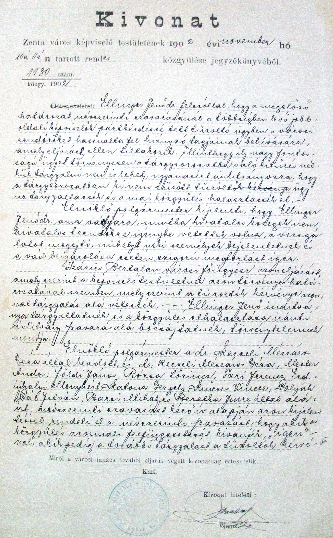 Kivonat a zentai városi képviselő-testület közgyűlésének 1902. XI. 10-11-i jegyzőkönyvéből. (1130/1902 kgy.) 030_ZTL F.003.1 - Zentai Történelmi Levéltár. Az Önkéntes Tűzoltó Testületre vonatkozó zentai városi tanácsi iratok gyűjteménye