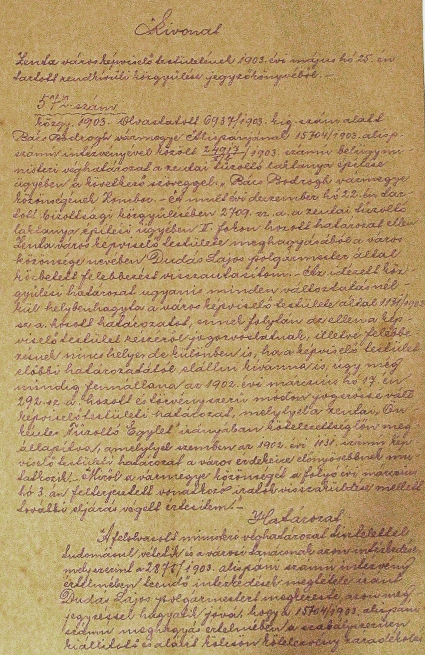 Kivonat a zentai városi képviselő-testület rendkívüli közgyűlésének 1903. V. 25-i jegyzőkönyvéből. 040_ZTL F.003.1 - Zentai Történelmi Levéltár. Az Önkéntes Tűzoltó Testületre vonatkozó zentai városi tanácsi iratok gyűjteménye