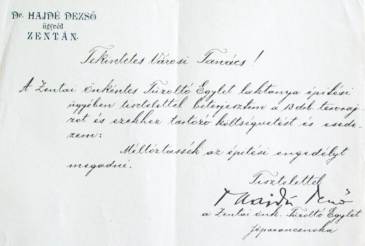 A tűzoltólaktanya építési engedély-kérelme, 1903. VIII. 14. 042_ZTL F.003.1 - Zentai Történelmi Levéltár. Az Önkéntes Tűzoltó Testületre vonatkozó zentai városi tanácsi iratok gyűjteménye