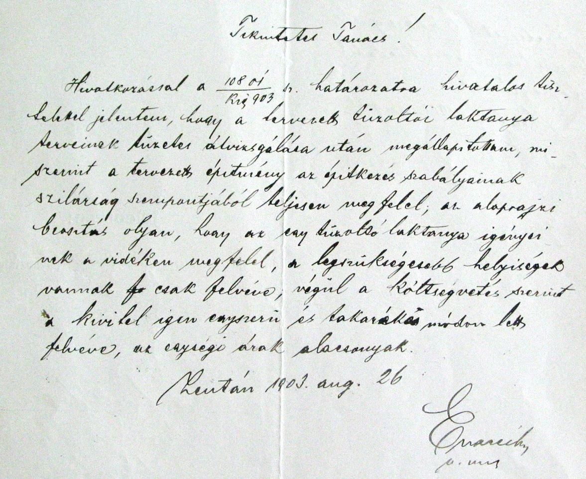Endrei Soma városi mérnök bírálata Lajta Béla laktanyatervről, 1903. VIII. 26. 043_ZTL F.003.1 - Zentai Történelmi Levéltár. Az Önkéntes Tűzoltó Testületre vonatkozó zentai városi tanácsi iratok gyűjteménye