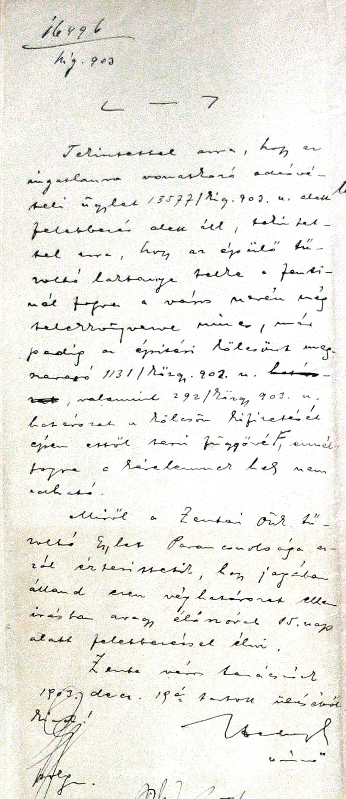 A városi tanács 1903. XII. 19-i ülésén hozott határozat. 054_ZTL F.003.1 - Zentai Történelmi Levéltár. Az Önkéntes Tűzoltó Testületre vonatkozó zentai városi tanácsi iratok gyűjteménye