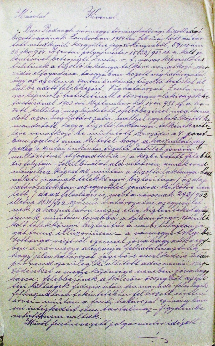 Kivonat Bács-Bodrog vm. törvényhatósági bizottsági közgyűlésének 1904. II. 18-i jegyzőkönyvéből. 055_ZTL F.003.1 - Zentai Történelmi Levéltár. Az Önkéntes Tűzoltó Testületre vonatkozó zentai városi tanácsi iratok gyűjteménye