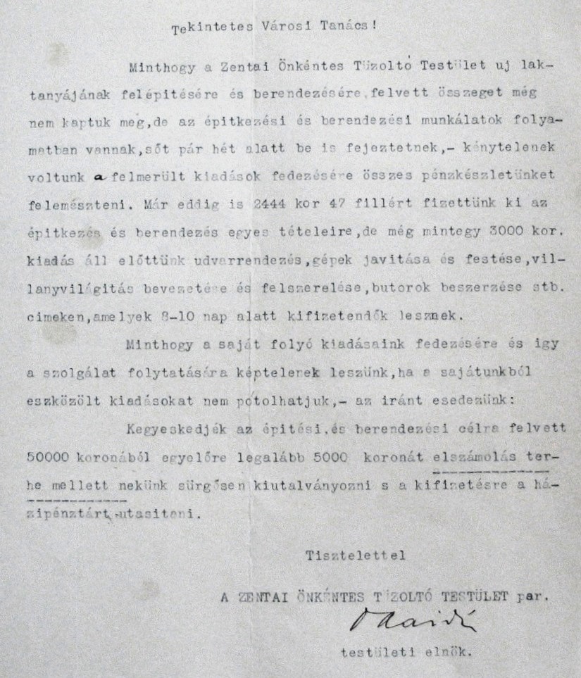 A Zentai Önkéntes Tűzoltó Testület újabb kérelme a városi tanácshoz az építési költségek esedékes részének utalványozása iránt, 1904. V. 31. 057_ZTL F.003.1 - Zentai Történelmi Levéltár. Az Önkéntes Tűzoltó Testületre vonatkozó zentai városi tanácsi iratok gyűjteménye