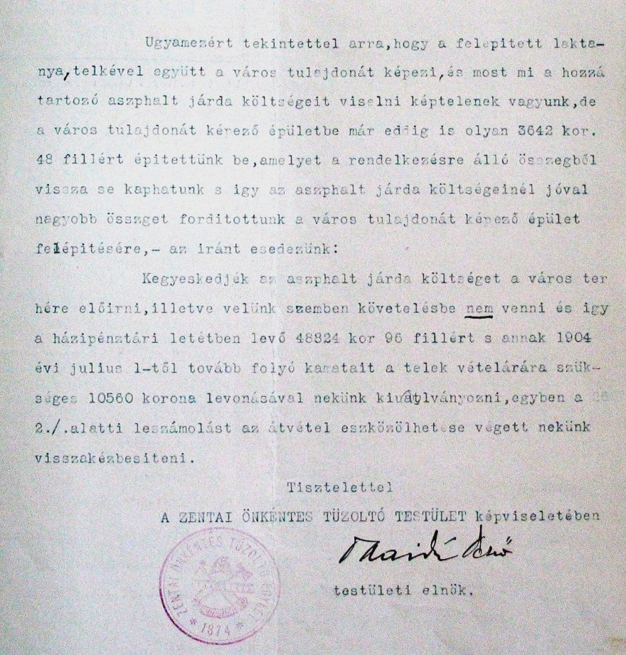 A Zentai Önkéntes Tűzoltó Testület kérelme a városi tanácshoz az építési költségek utalványozása iránt, 1904. VII. hó 065_ZTL F.003.1 - Zentai Történelmi Levéltár. Az Önkéntes Tűzoltó Testületre vonatkozó zentai városi tanácsi iratok gyűjteménye
