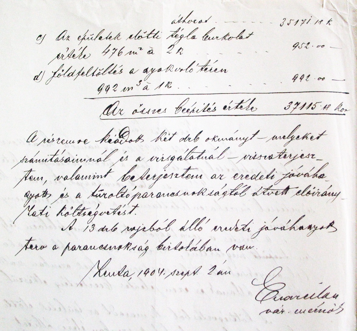 Endrei Soma városi mérnök jelentése a laktanya-épület megvizsgálásáról, 1904. IX. 2. 067_ZTL F.003.1 - Zentai Történelmi Levéltár. Az Önkéntes Tűzoltó Testületre vonatkozó zentai városi tanácsi iratok gyűjteménye