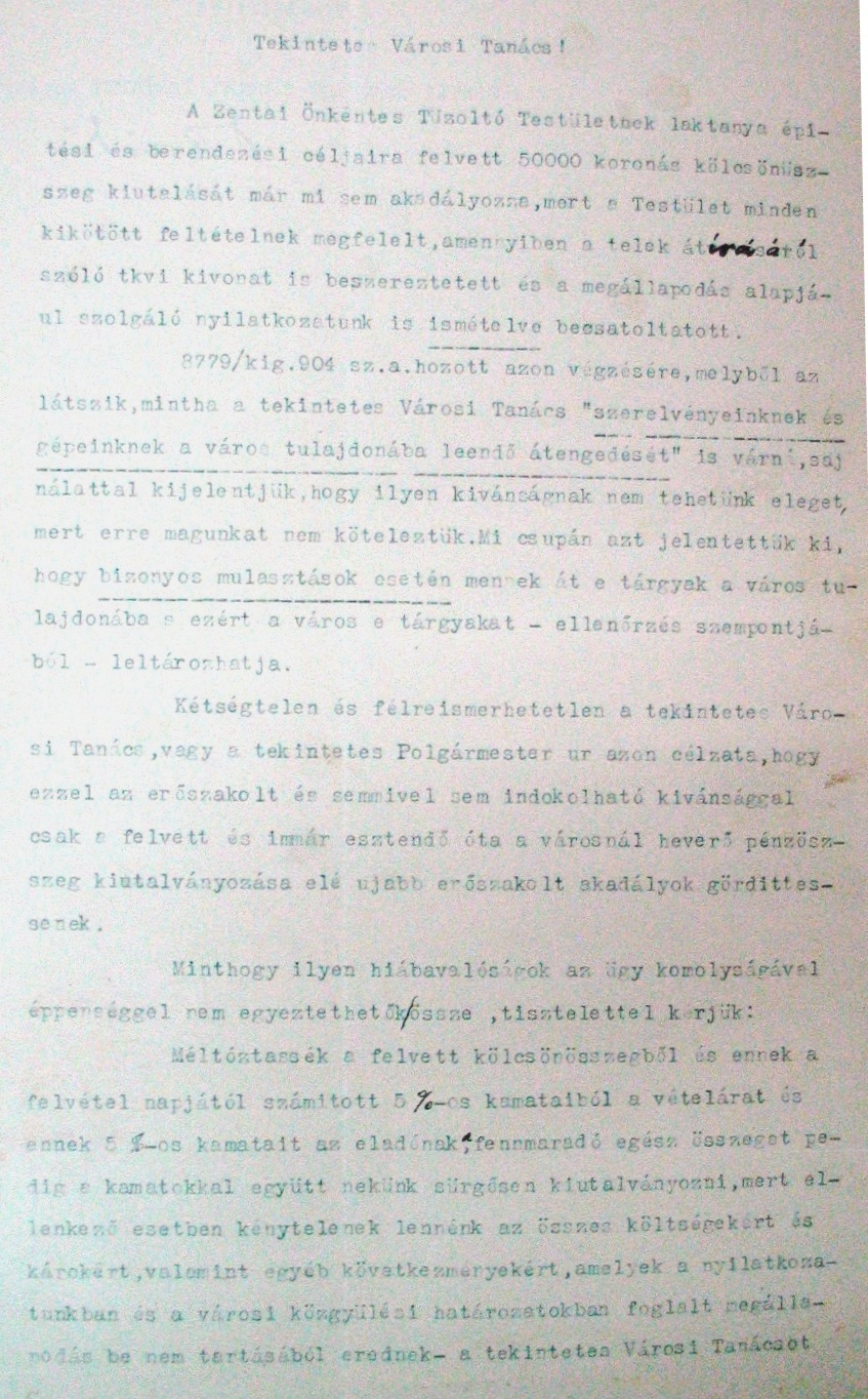 A Zentai Önkéntes Tűzoltó Testület kérelme a városi tanácshoz az építési költségek utalványozása iránt, 1904. VI. hó 059_ZTL F.003.1 - Zentai Történelmi Levéltár. Az Önkéntes Tűzoltó Testületre vonatkozó zentai városi tanácsi iratok gyűjteménye