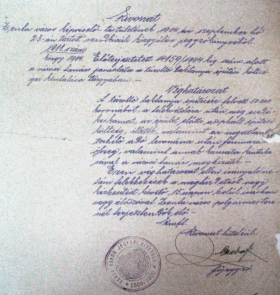 Kivonat a zentai városi képviselő-testület rendkívüli közgyűlésének 1904. IX. 23-i jegyzőkönyvéből. 068_ZTL F.003.1 - Zentai Történelmi Levéltár. Az Önkéntes Tűzoltó Testületre vonatkozó zentai városi tanácsi iratok gyűjteménye