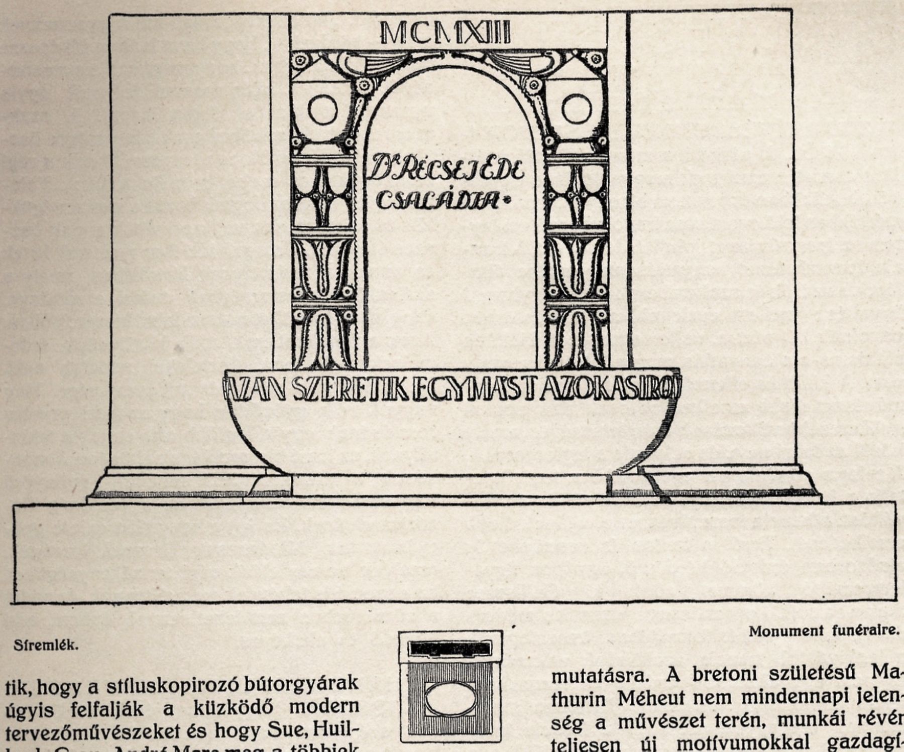 Elevation and plan of the family vault of Dr. Ede Récsei, 1913. Design for the jewish cemetery in Kúla (today Kula, Sebia) 08_Magyar Iparművészet, 1914/3. 127. p.
