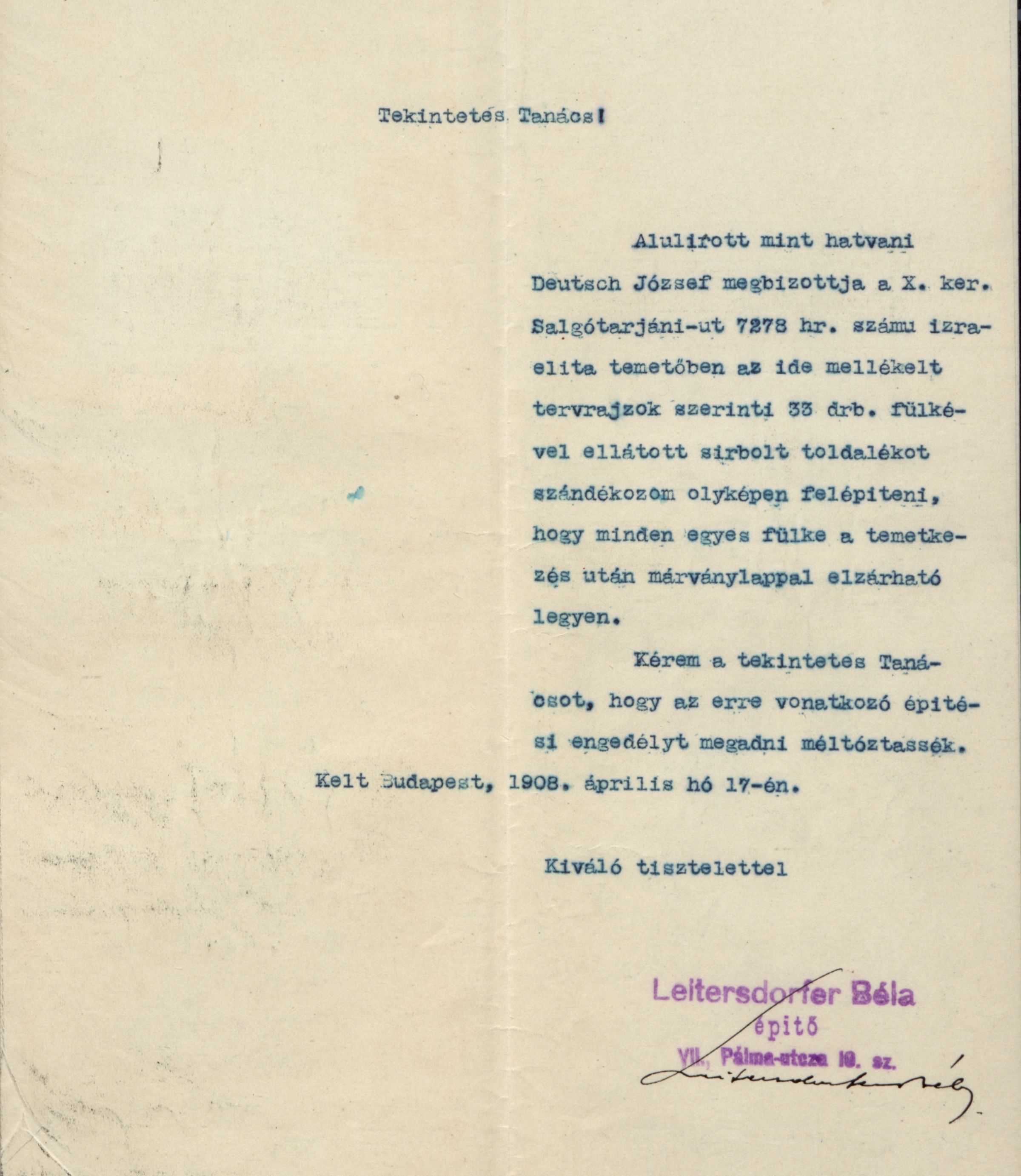Lajta Bélának a Salgótarjáni utcai temetőben létesítendő 33 sírbolt építése iránti kérelme, 1908. IV. 17. BFL_IV_1407_b III 693/1908