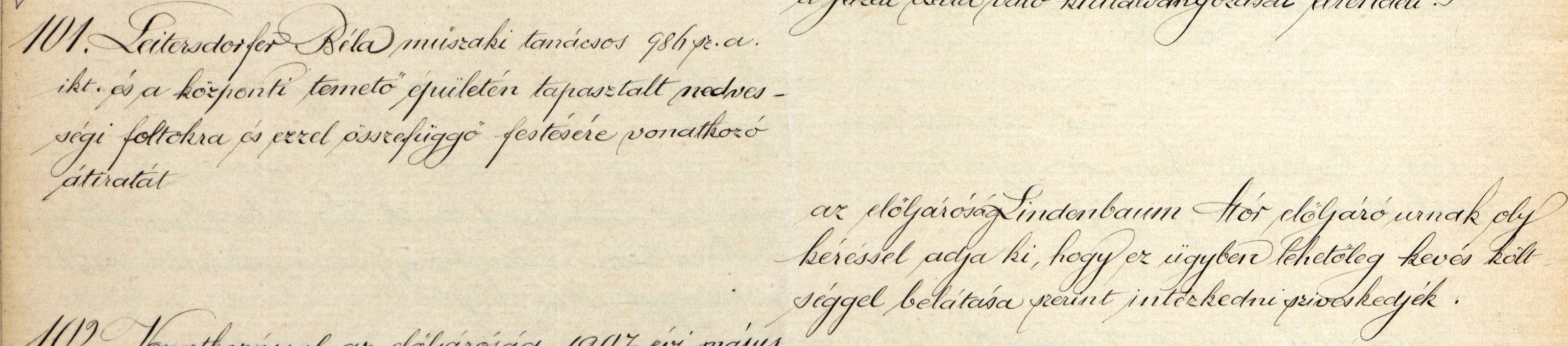 Lajta Béla átirata a rákoskeresztúri zsidó temető épületének nedvesedő falával kapcsolatban. Magyar Zsidó Levéltár, A Pesti Chevra Kadisa elöljáróságának jegyzőkönyve, 1907. V. 12.