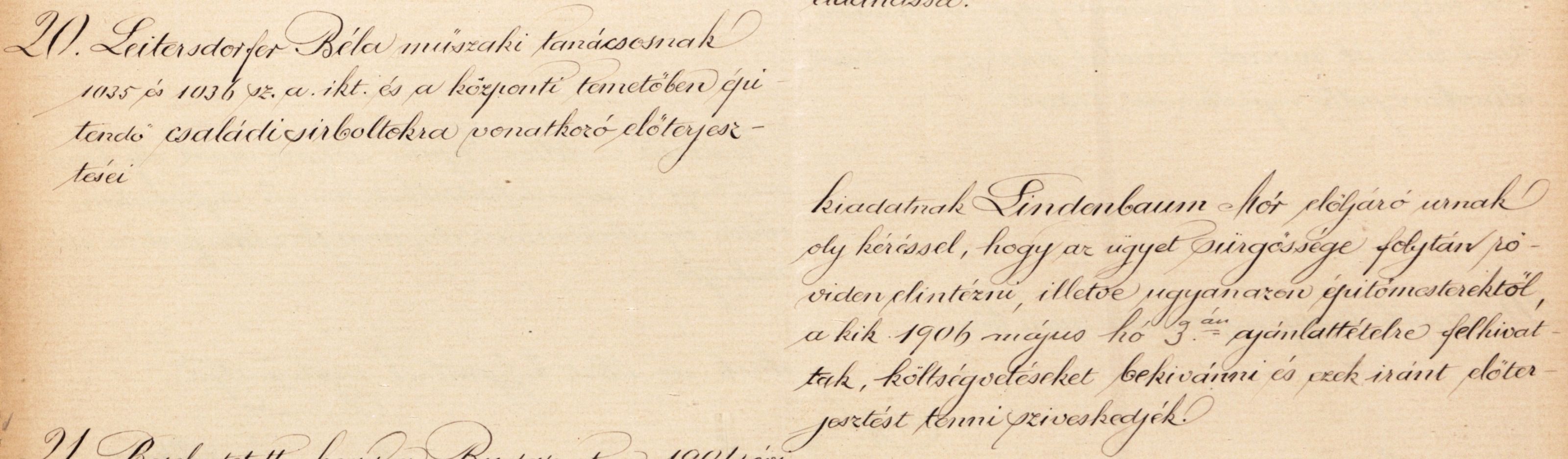 Lajta Béla előterjesztése a rákoskeresztúri zsidó temetőben építendő családi sírboltokkal kapcsolatban. Magyar Zsidó Levéltár, A Pesti Chevra Kadisa elöljáróságának jegyzőkönyve, 1907. V. 26.