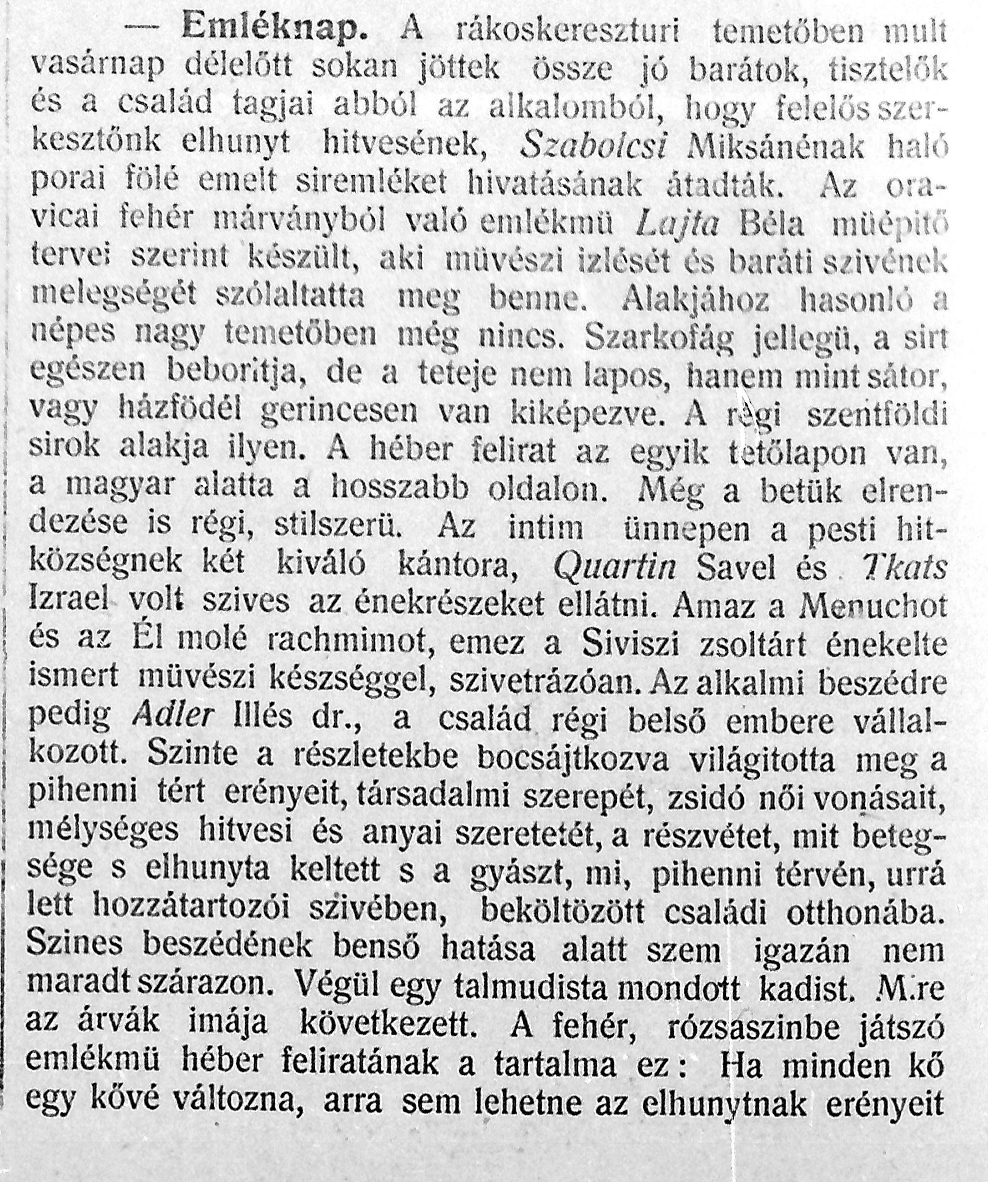 Tudósítás Szabolcsi Miklósné síremlékének avatásáról Egyenlőség, 1911. IV. 2. Mell. 2. p.