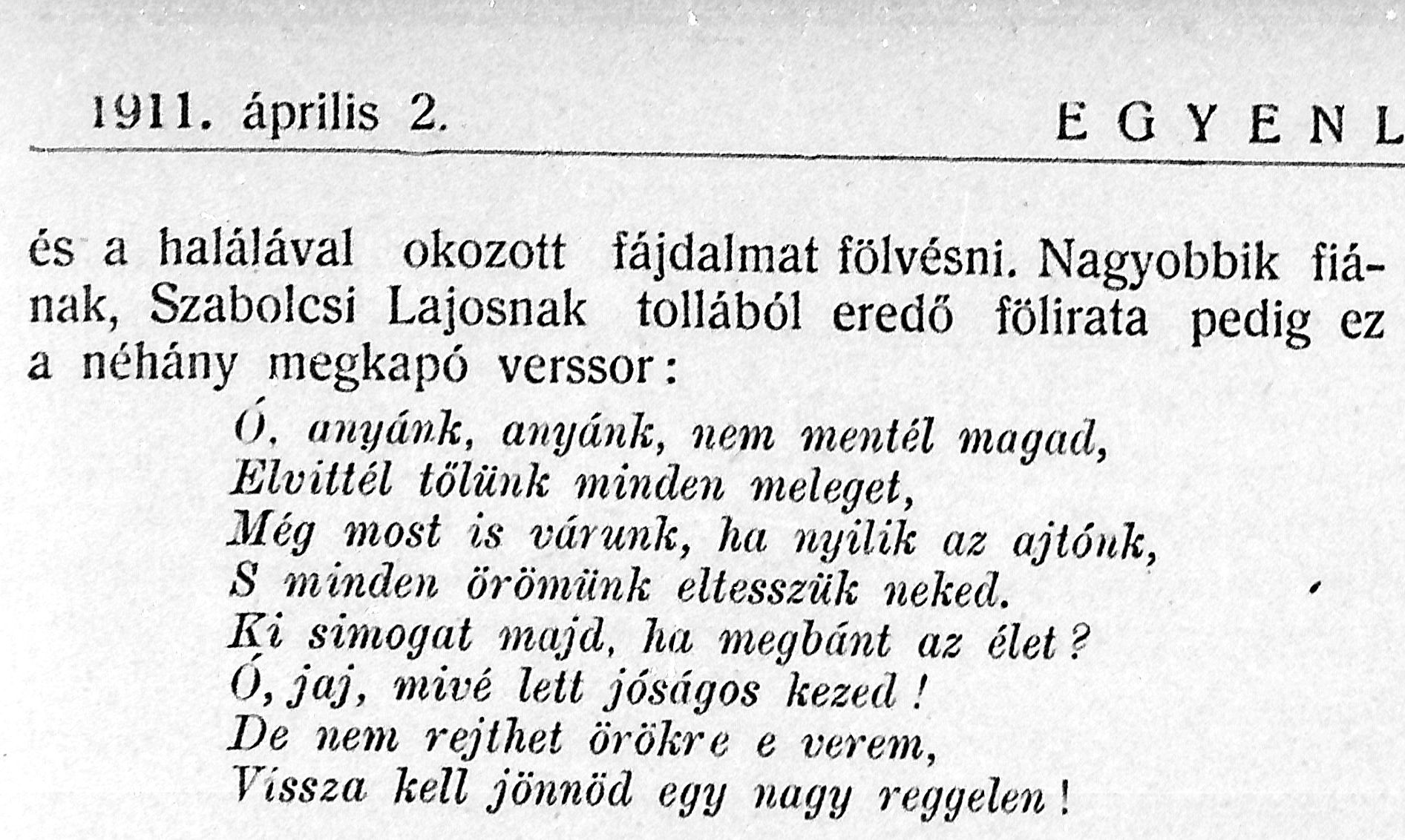 Egyenlőség, 1911. IV. 2. Mell. 3. p.