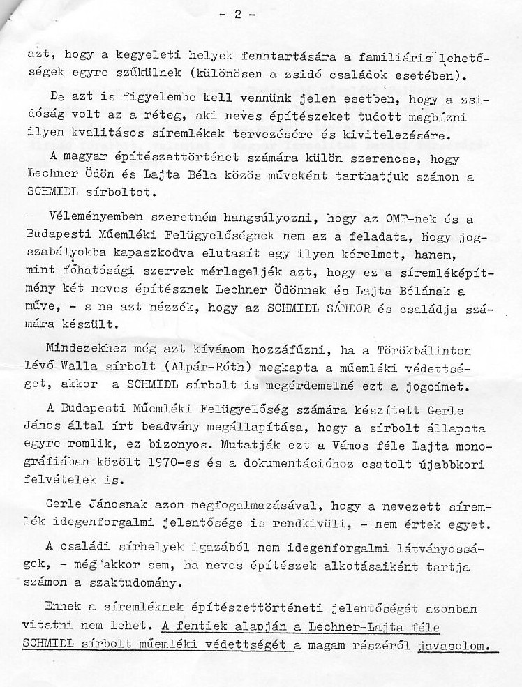Pusztai László (Országos Műemléki felügyelőség) szakvéleménye a Schmidl-sírbolt védetté nyilvánításával kapcsolatban, 1989. 02_BFL_XV_17_e_306